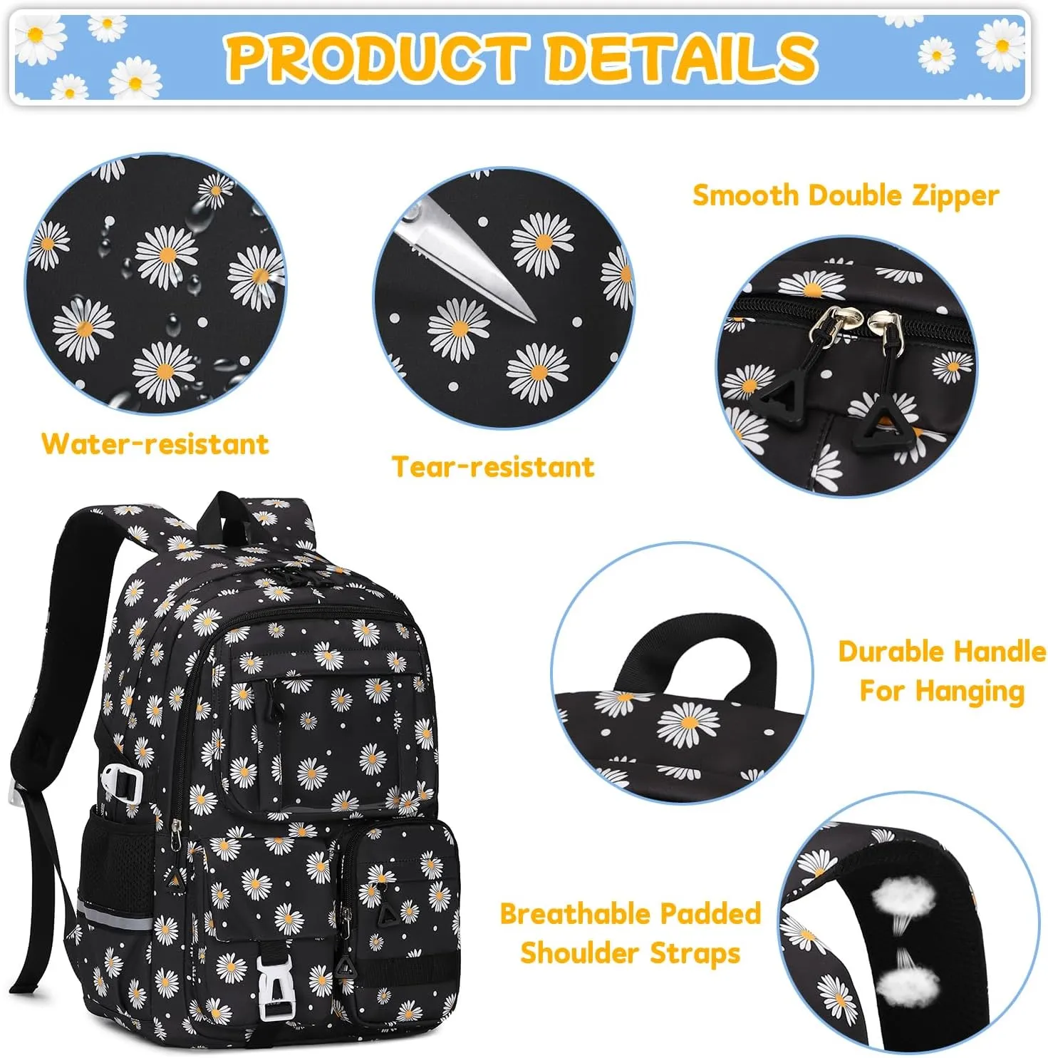 Backpack for Girls 3pcs Set Kids Backpack with Lunch Box Students Kawaii Book Bag for Elementary Primary Middle School Bags - Ita Backpack - Black Daisy
