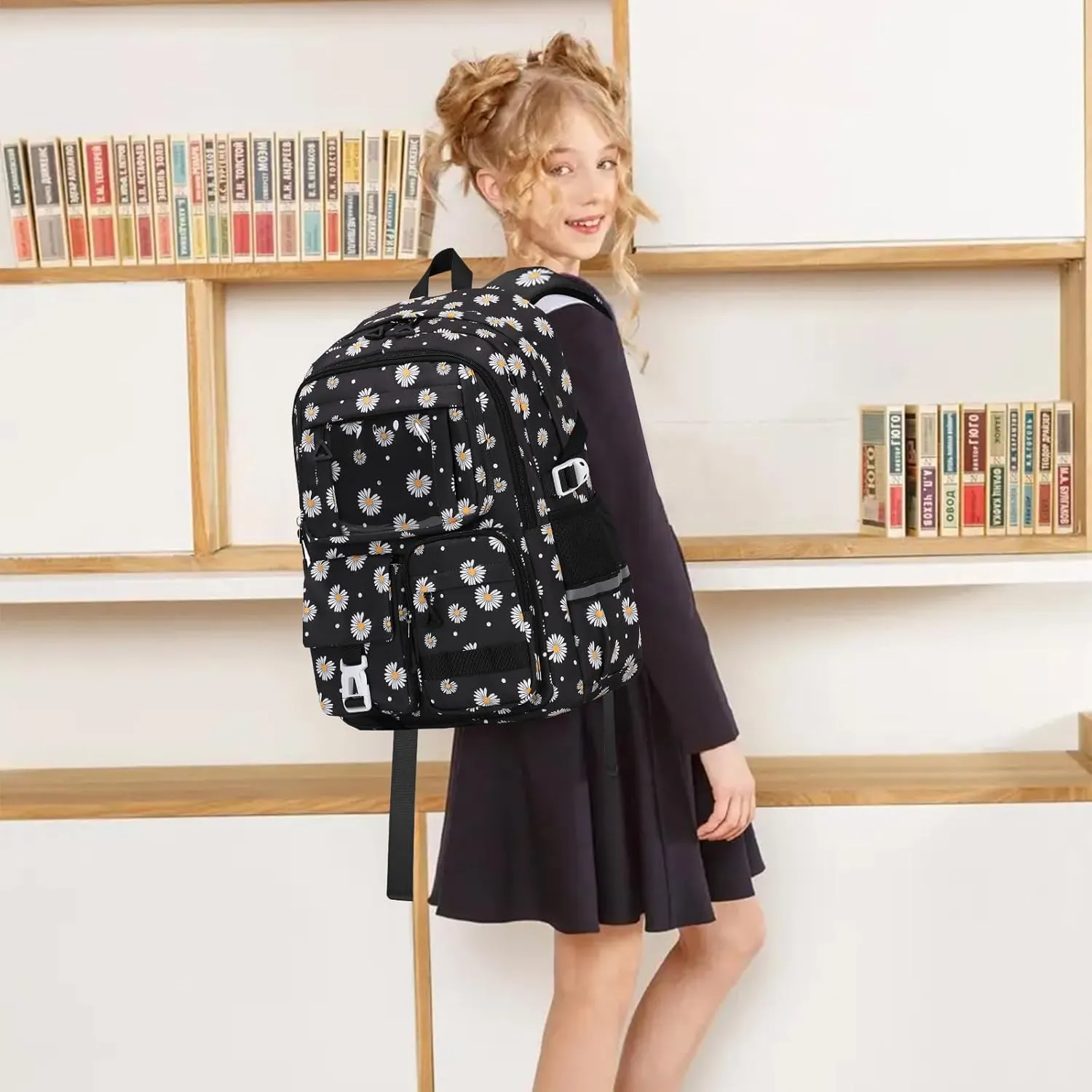 Backpack for Girls 3pcs Set Kids Backpack with Lunch Box Students Kawaii Book Bag for Elementary Primary Middle School Bags - Ita Backpack - Black Daisy