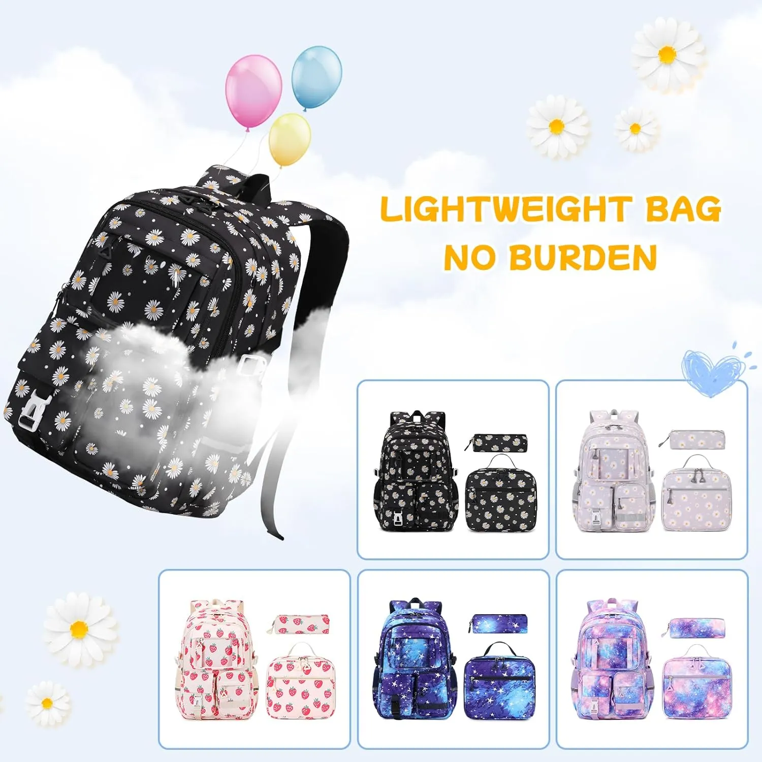 Backpack for Girls 3pcs Set Kids Backpack with Lunch Box Students Kawaii Book Bag for Elementary Primary Middle School Bags - Ita Backpack - Black Daisy