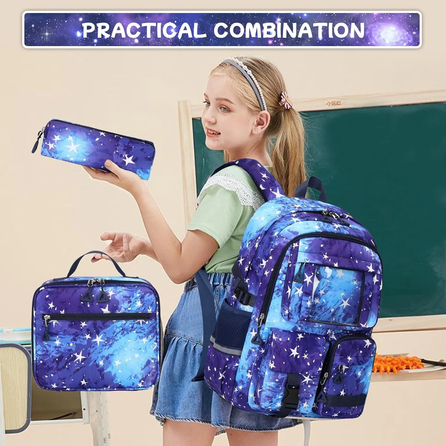 Backpack for Girls 3pcs Set Kids Backpack with Lunch Box Students Kawaii Book Bag for Elementary Primary Middle School Bags - Ita Backpack - Galaxy