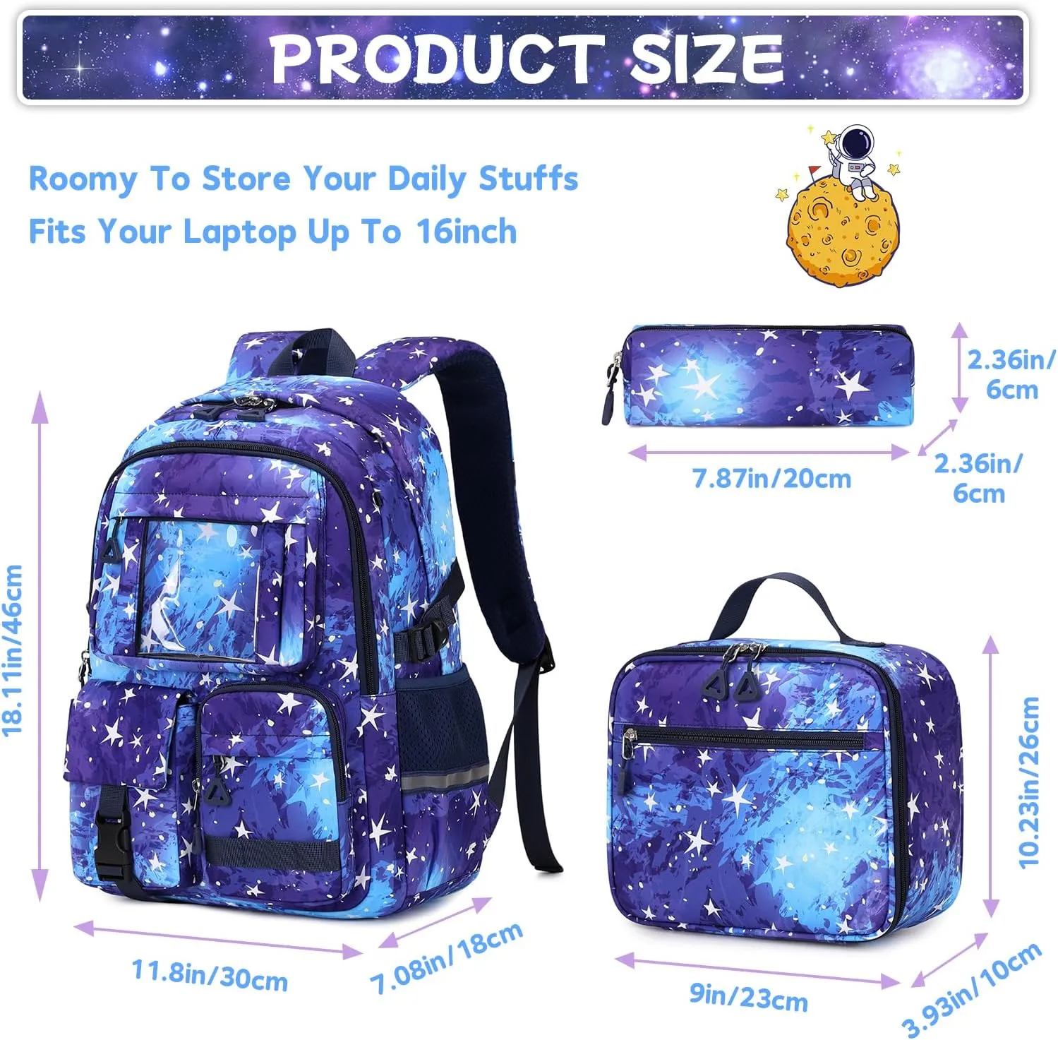 Backpack for Girls 3pcs Set Kids Backpack with Lunch Box Students Kawaii Book Bag for Elementary Primary Middle School Bags - Ita Backpack - Galaxy