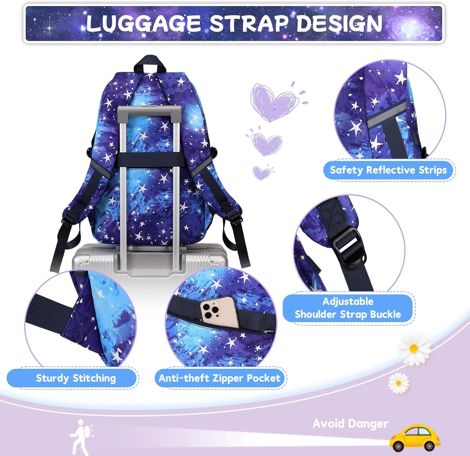 Backpack for Girls 3pcs Set Kids Backpack with Lunch Box Students Kawaii Book Bag for Elementary Primary Middle School Bags - Ita Backpack - Galaxy