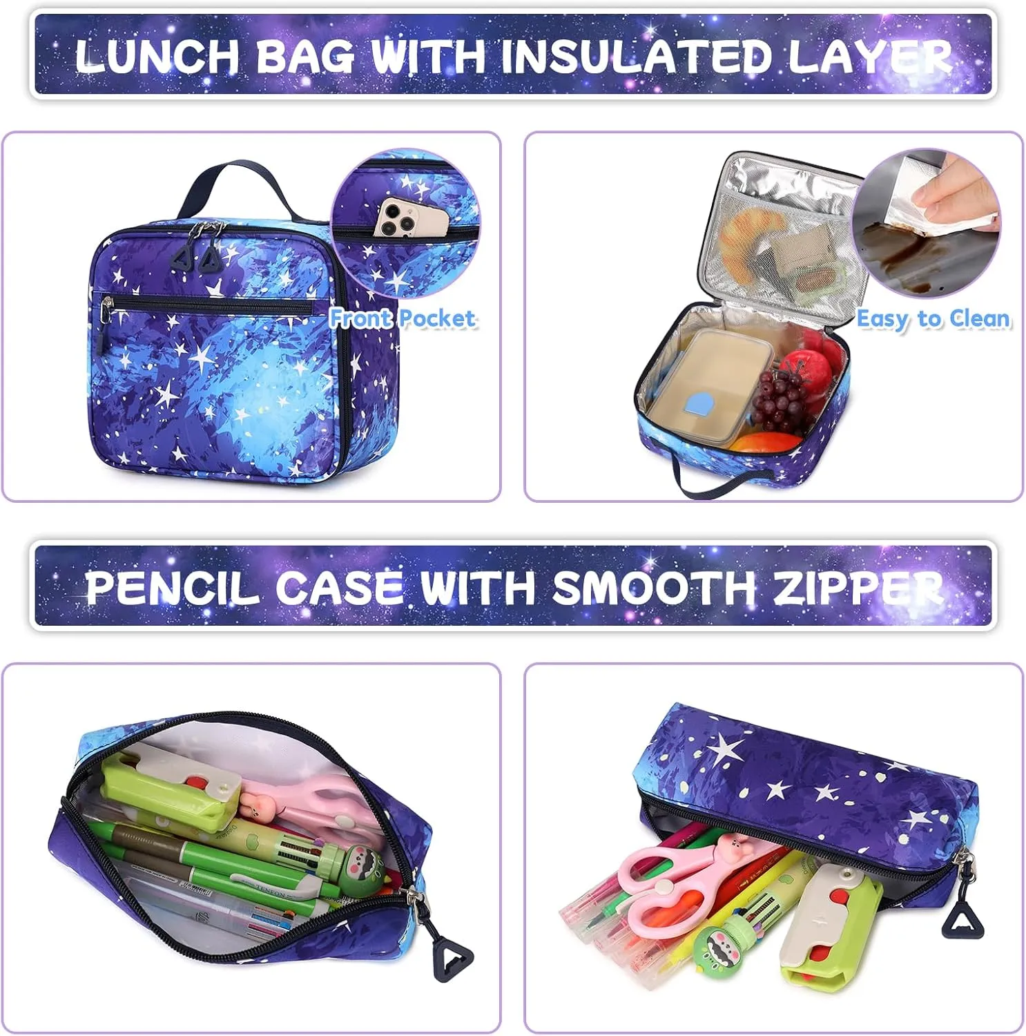 Backpack for Girls 3pcs Set Kids Backpack with Lunch Box Students Kawaii Book Bag for Elementary Primary Middle School Bags - Ita Backpack - Galaxy