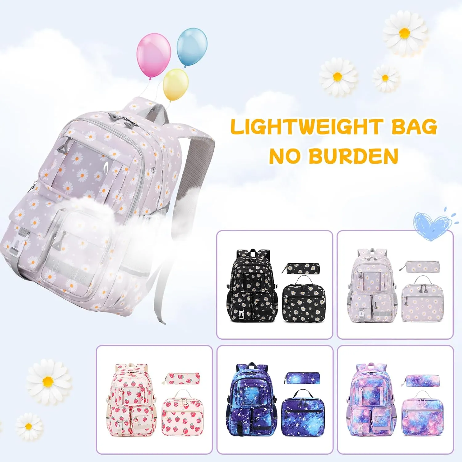 Backpack for Girls 3pcs Set Kids Backpack with Lunch Box Students Kawaii Book Bag for Elementary Primary Middle School Bags - Ita Backpack - Grey Daisy