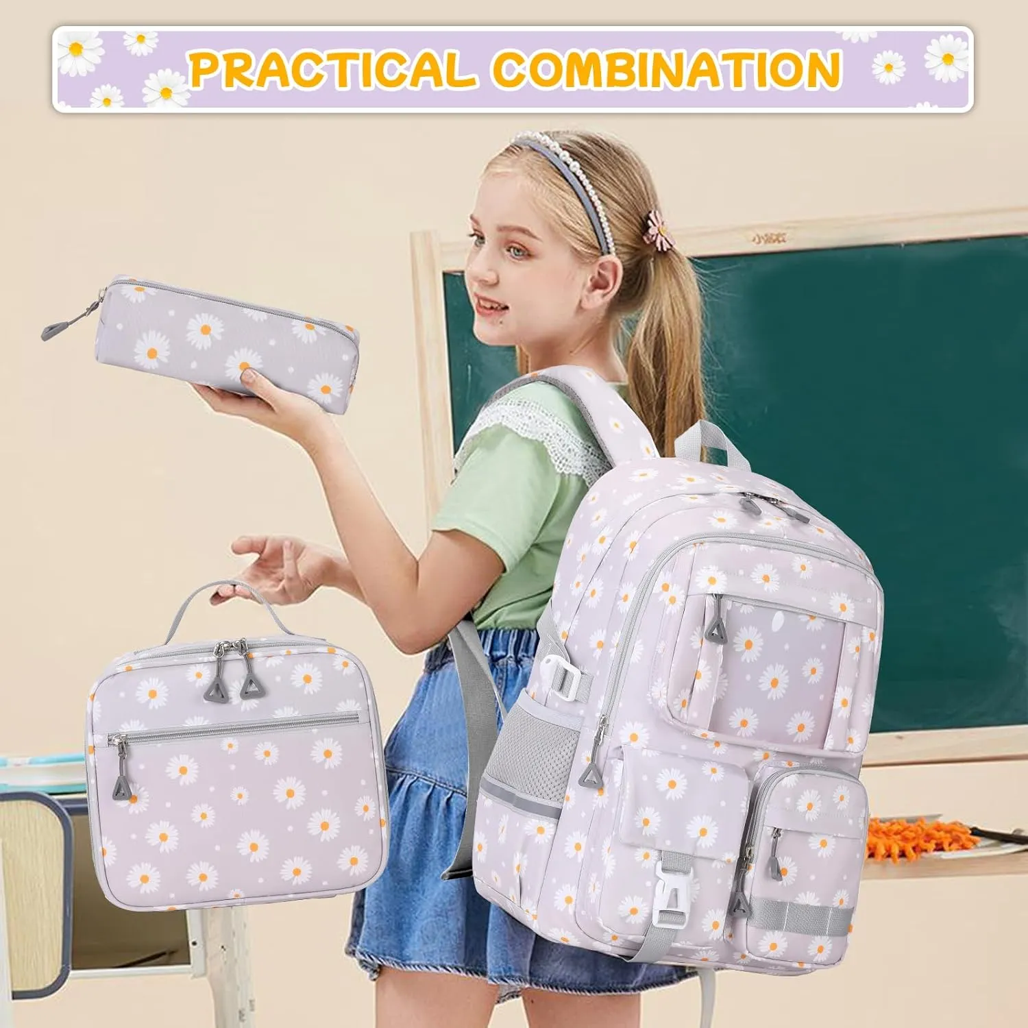 Backpack for Girls 3pcs Set Kids Backpack with Lunch Box Students Kawaii Book Bag for Elementary Primary Middle School Bags - Ita Backpack - Grey Daisy