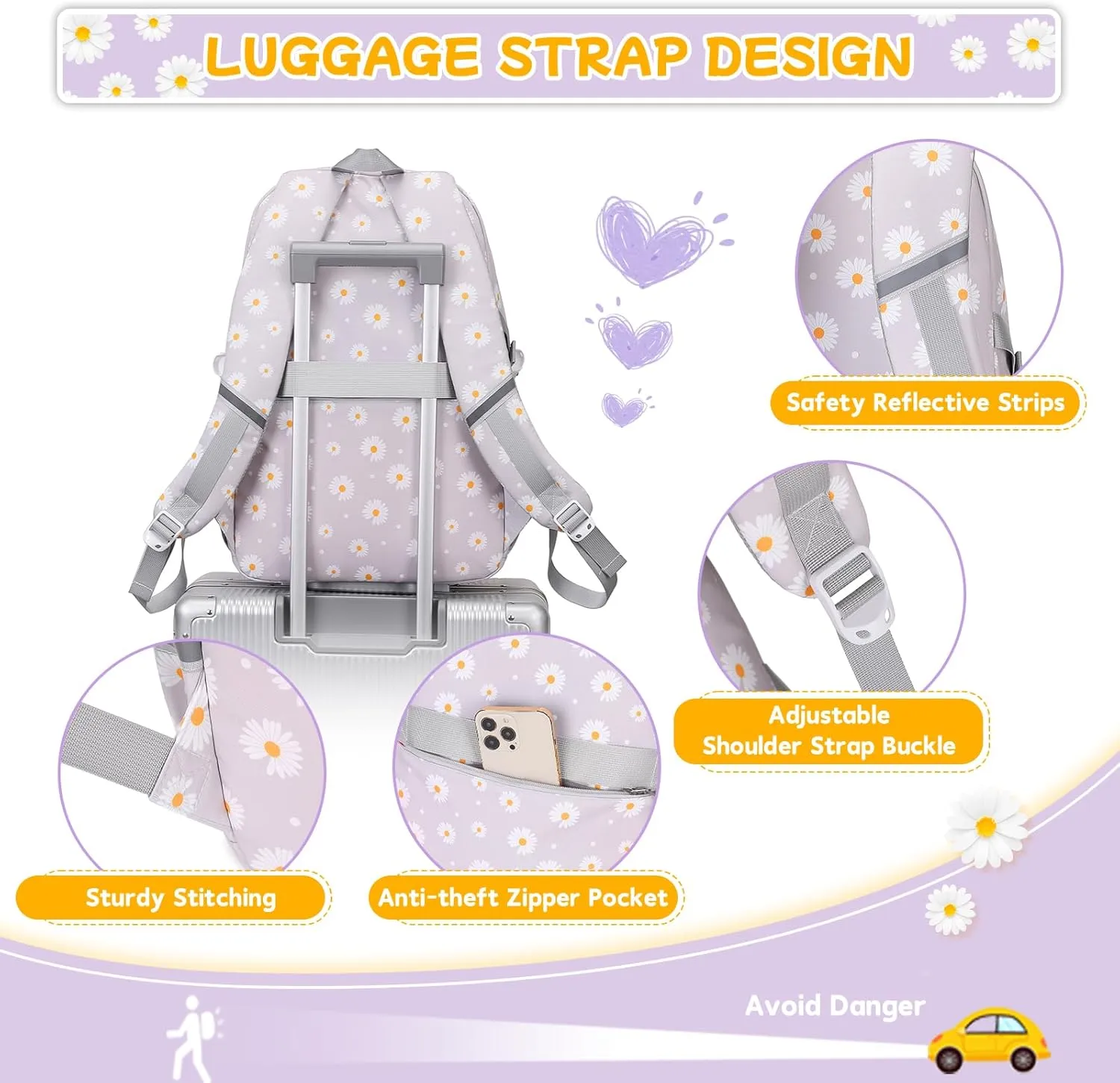 Backpack for Girls 3pcs Set Kids Backpack with Lunch Box Students Kawaii Book Bag for Elementary Primary Middle School Bags - Ita Backpack - Grey Daisy