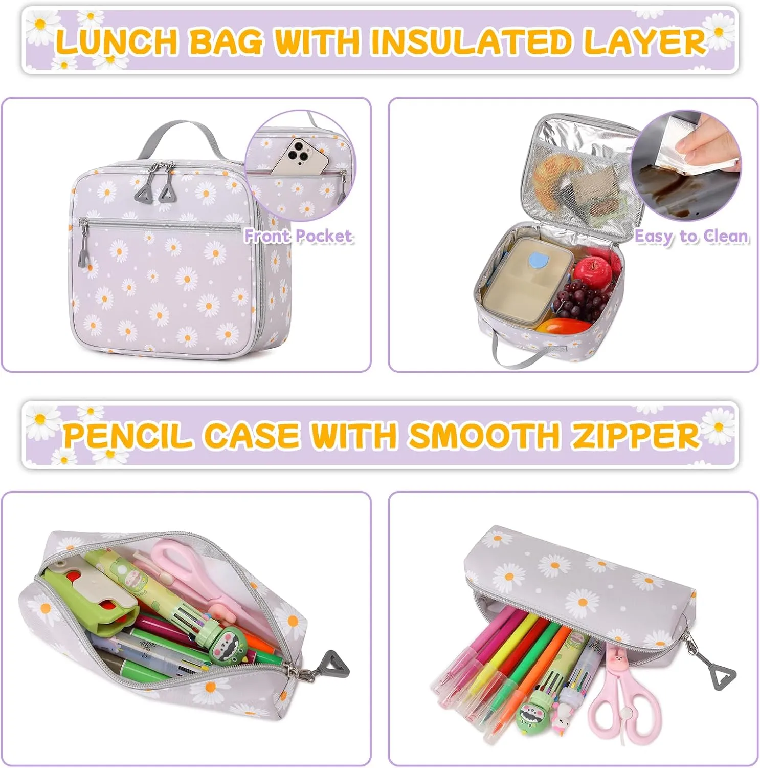 Backpack for Girls 3pcs Set Kids Backpack with Lunch Box Students Kawaii Book Bag for Elementary Primary Middle School Bags - Ita Backpack - Grey Daisy