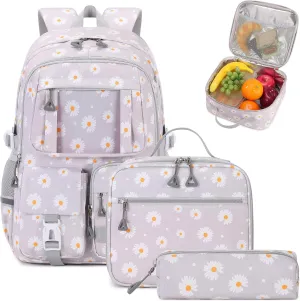 Backpack for Girls 3pcs Set Kids Backpack with Lunch Box Students Kawaii Book Bag for Elementary Primary Middle School Bags - Ita Backpack - Grey Daisy