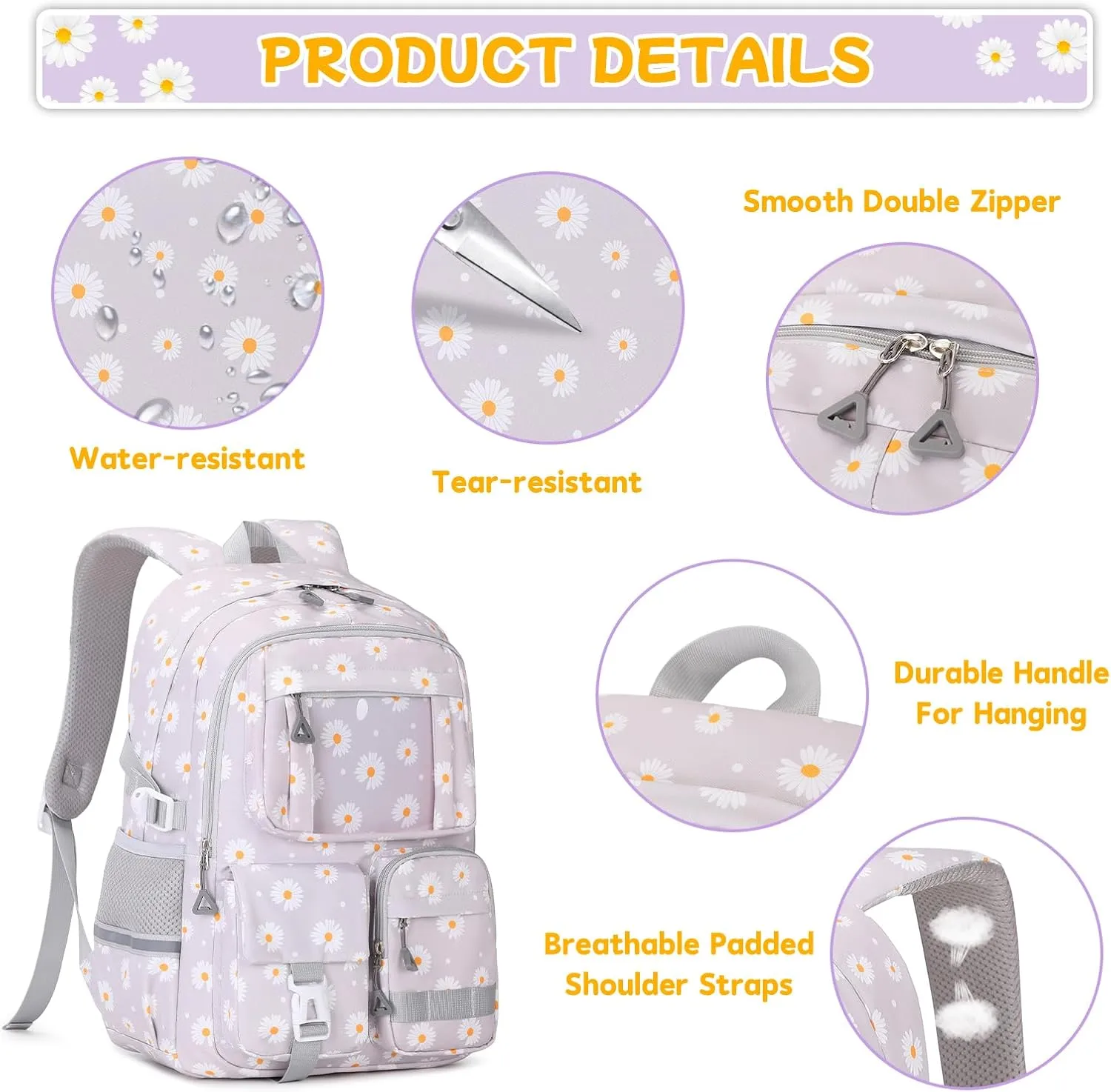 Backpack for Girls 3pcs Set Kids Backpack with Lunch Box Students Kawaii Book Bag for Elementary Primary Middle School Bags - Ita Backpack - Grey Daisy