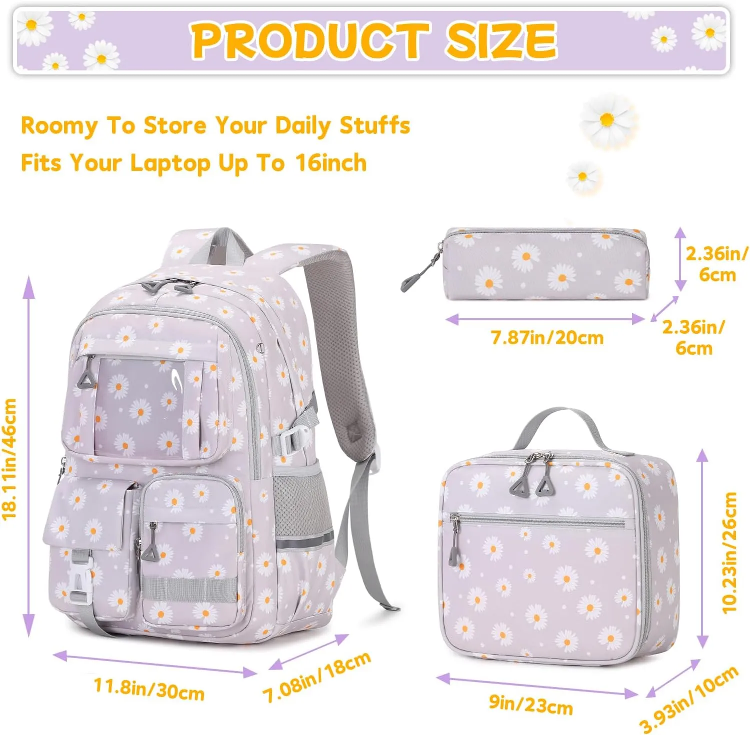 Backpack for Girls 3pcs Set Kids Backpack with Lunch Box Students Kawaii Book Bag for Elementary Primary Middle School Bags - Ita Backpack - Grey Daisy