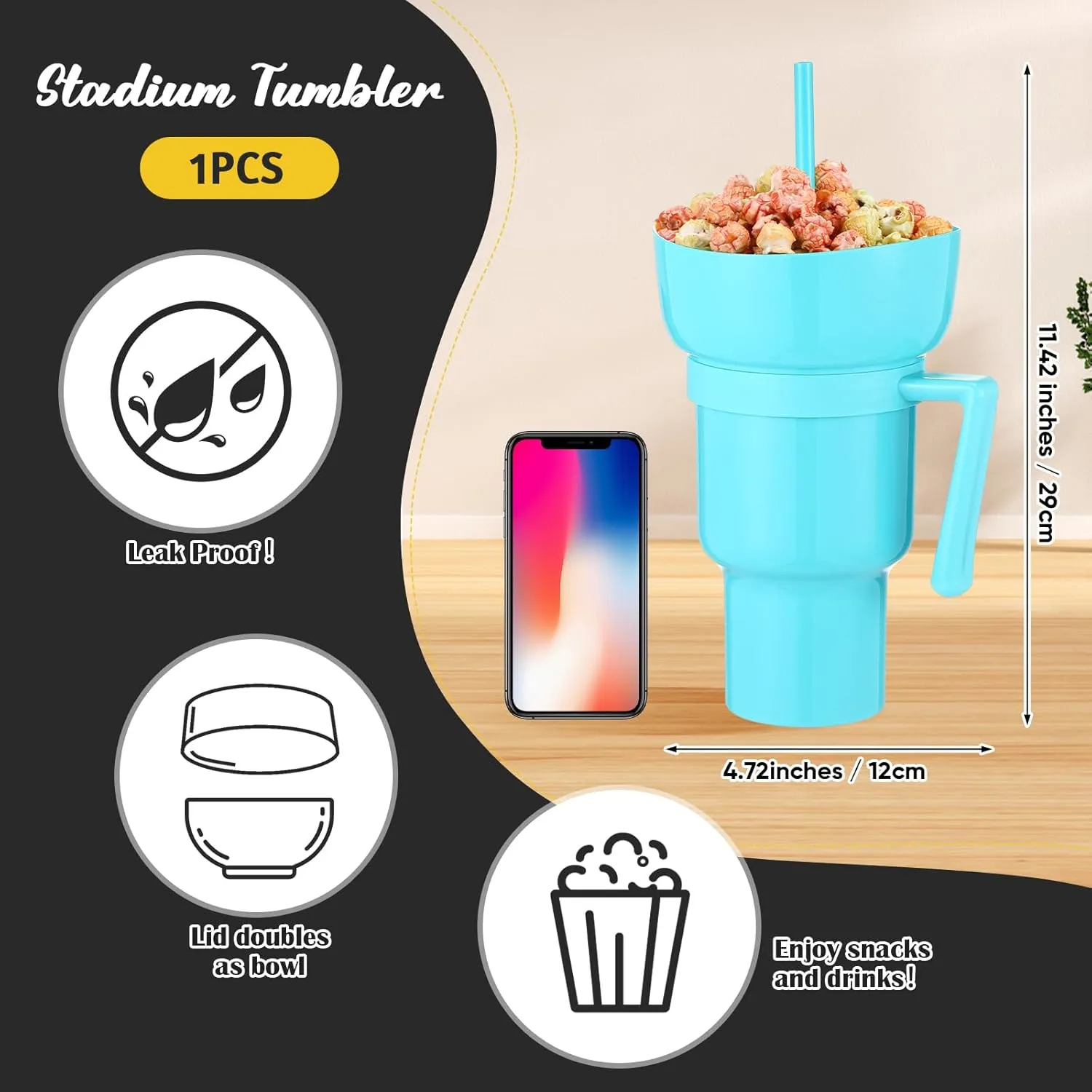 Baderke 1 Pcs Snack and Drink Cup 32 oz Stadium Tumbler with Bowl 2 in 1 Travel Cup Leak Proof Portable Reusable Snack Tumbler with Bowl on Top and Straw (Light Blue)