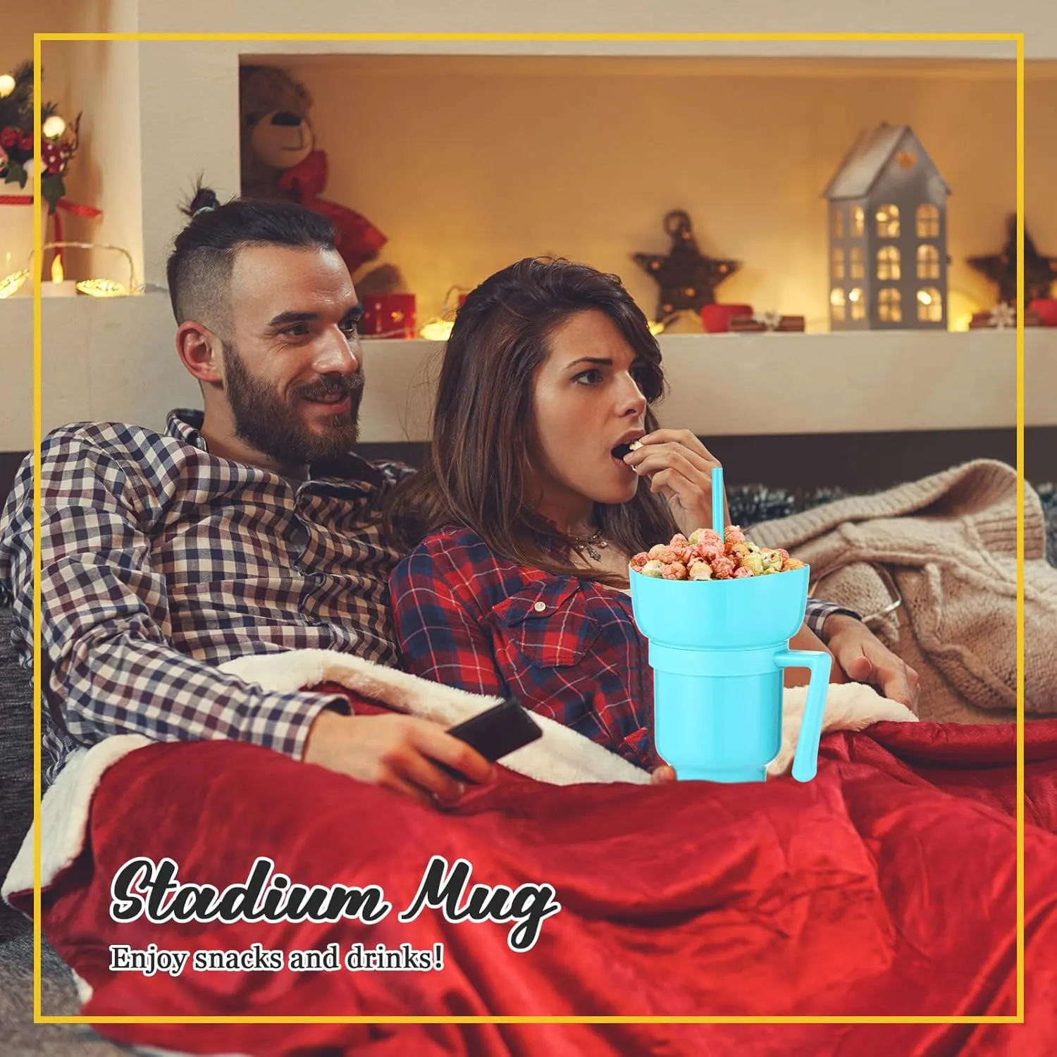 Baderke 1 Pcs Snack and Drink Cup 32 oz Stadium Tumbler with Bowl 2 in 1 Travel Cup Leak Proof Portable Reusable Snack Tumbler with Bowl on Top and Straw (Light Blue)