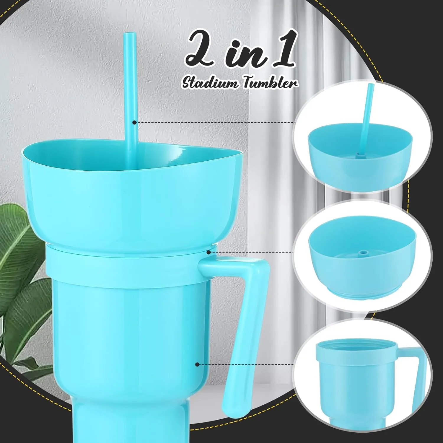Baderke 1 Pcs Snack and Drink Cup 32 oz Stadium Tumbler with Bowl 2 in 1 Travel Cup Leak Proof Portable Reusable Snack Tumbler with Bowl on Top and Straw (Light Blue)