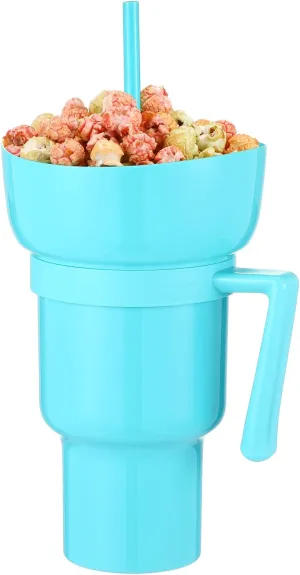 Baderke 1 Pcs Snack and Drink Cup 32 oz Stadium Tumbler with Bowl 2 in 1 Travel Cup Leak Proof Portable Reusable Snack Tumbler with Bowl on Top and Straw (Light Blue)