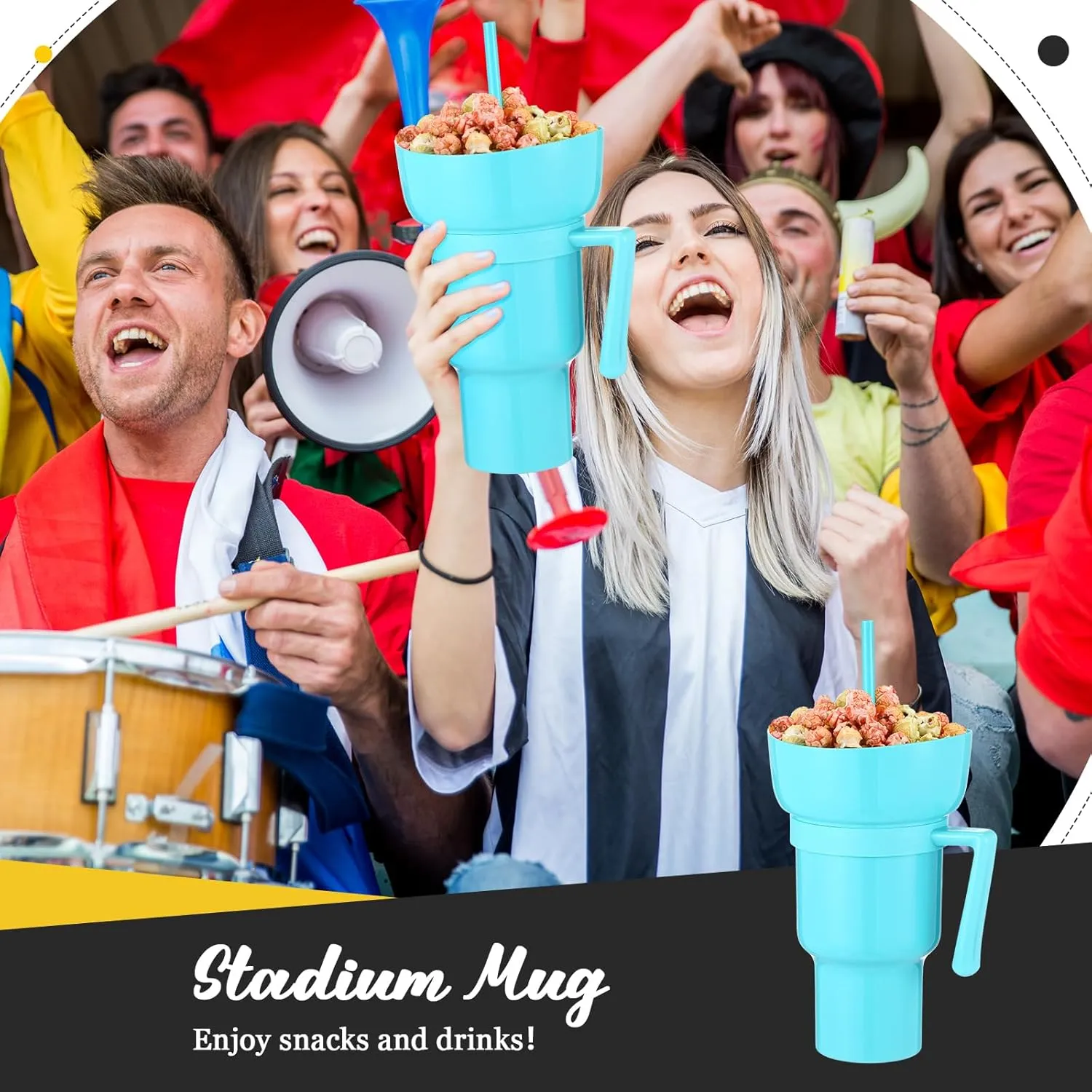 Baderke 1 Pcs Snack and Drink Cup 32 oz Stadium Tumbler with Bowl 2 in 1 Travel Cup Leak Proof Portable Reusable Snack Tumbler with Bowl on Top and Straw (Light Blue)