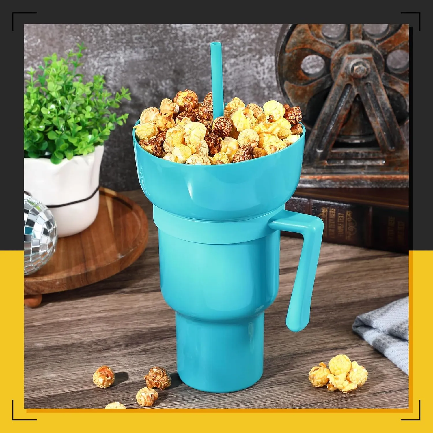 Baderke 1 Pcs Snack and Drink Cup 32 oz Stadium Tumbler with Bowl 2 in 1 Travel Cup Leak Proof Portable Reusable Snack Tumbler with Bowl on Top and Straw (Light Blue)