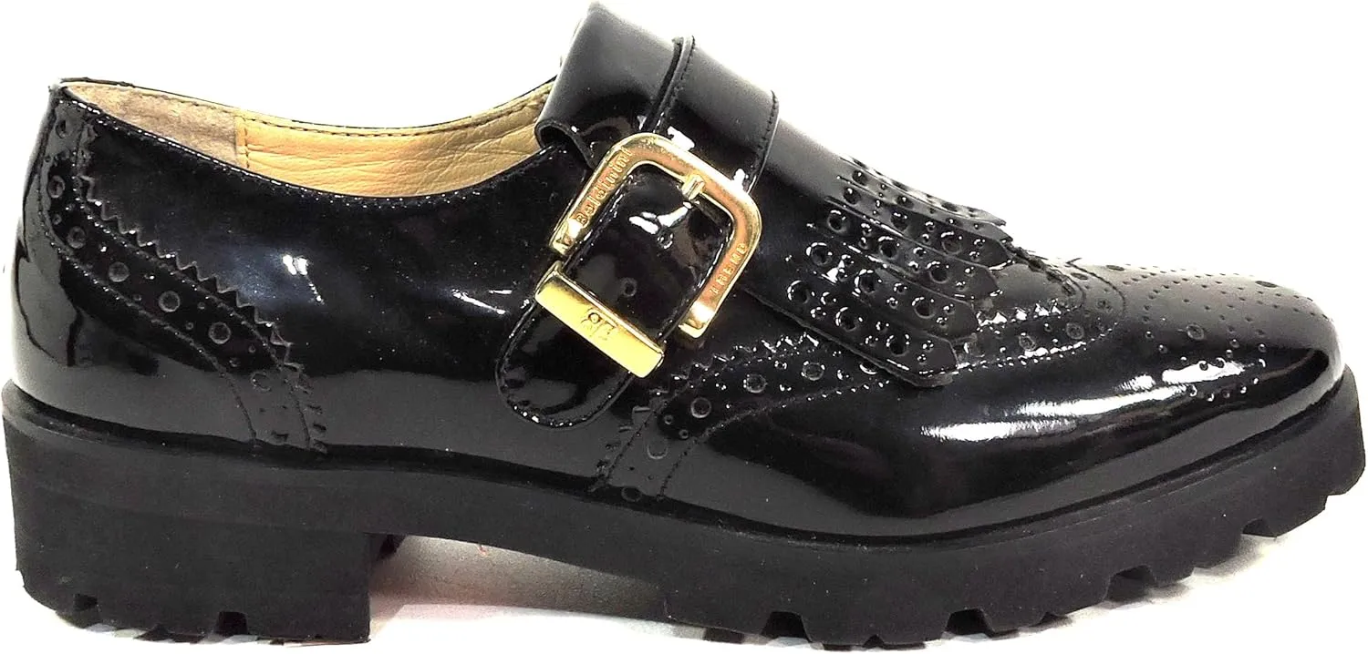 Baldinini Patent Leather Oxford Loafers, Wingtip Design, Gold Buckle, Chunky Lug Sole, Black
