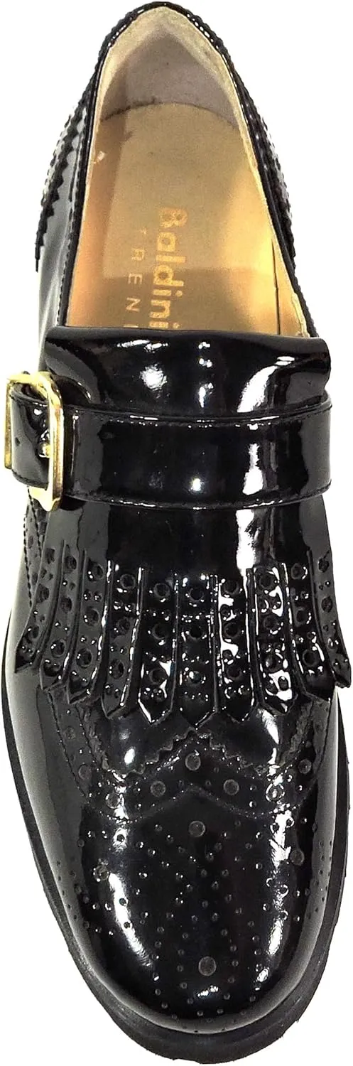 Baldinini Patent Leather Oxford Loafers, Wingtip Design, Gold Buckle, Chunky Lug Sole, Black