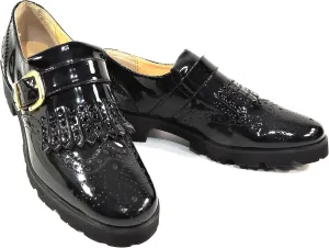 Baldinini Patent Leather Oxford Loafers, Wingtip Design, Gold Buckle, Chunky Lug Sole, Black