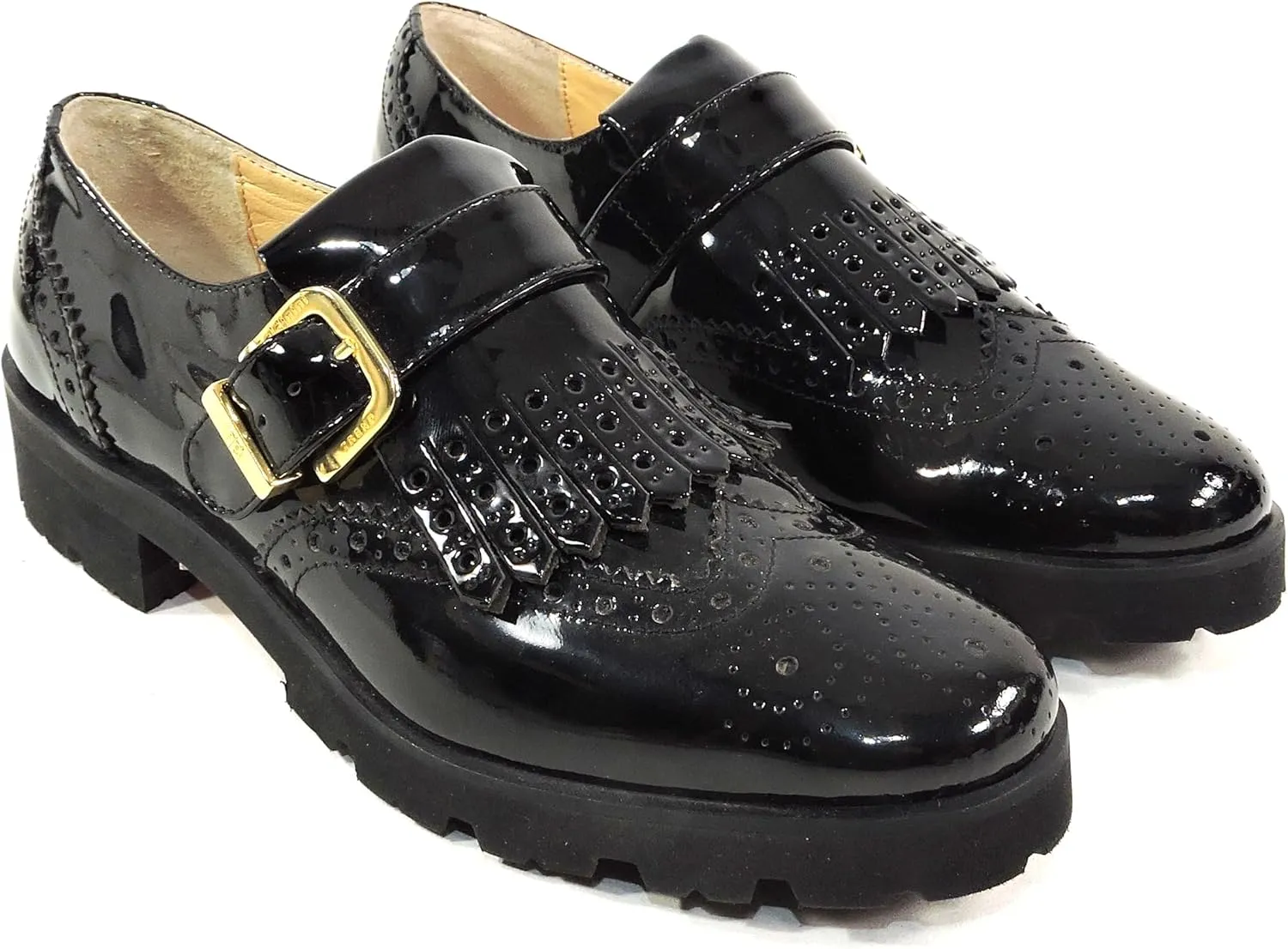 Baldinini Patent Leather Oxford Loafers, Wingtip Design, Gold Buckle, Chunky Lug Sole, Black