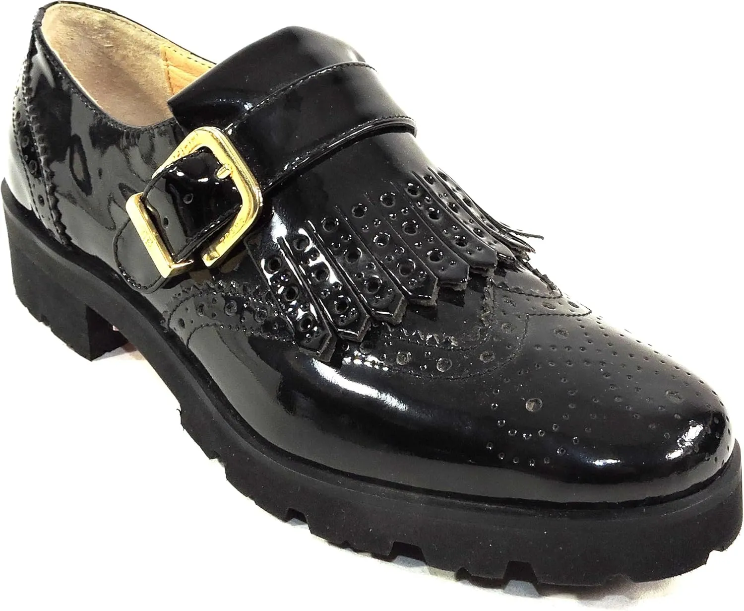 Baldinini Patent Leather Oxford Loafers, Wingtip Design, Gold Buckle, Chunky Lug Sole, Black