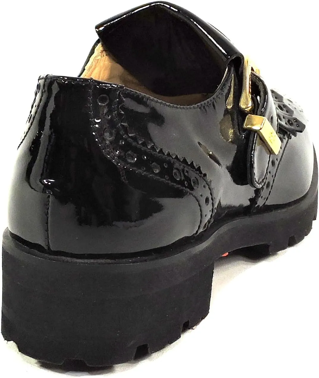 Baldinini Patent Leather Oxford Loafers, Wingtip Design, Gold Buckle, Chunky Lug Sole, Black