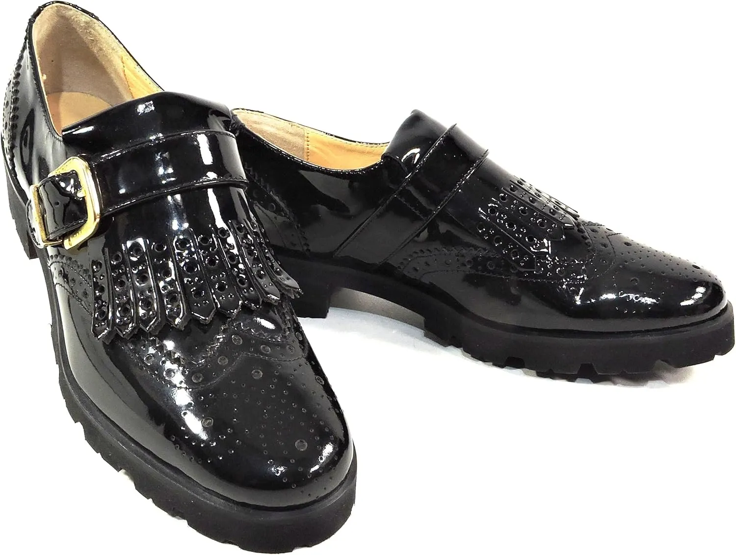 Baldinini Patent Leather Oxford Loafers, Wingtip Design, Gold Buckle, Chunky Lug Sole, Black