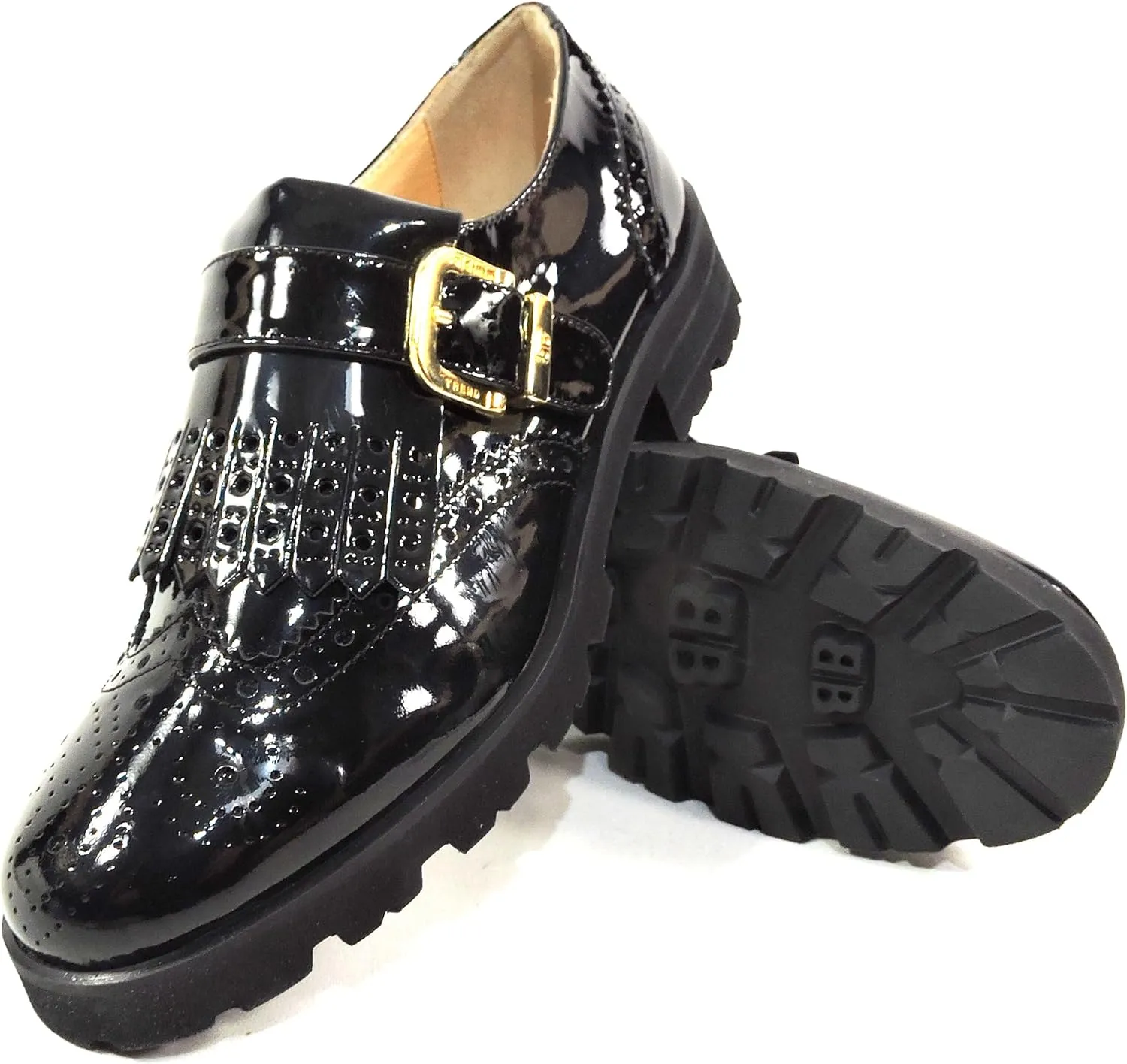 Baldinini Patent Leather Oxford Loafers, Wingtip Design, Gold Buckle, Chunky Lug Sole, Black