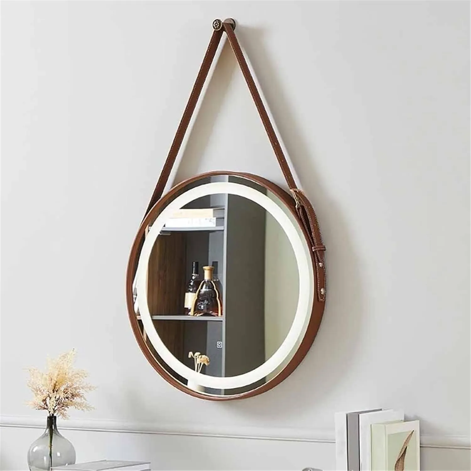 Bathroom Mirror, Makeup Mirror with Touch Switch, Wooden Frame Decorative Mirror Suitable for Entryway(A,60CM-White Light)