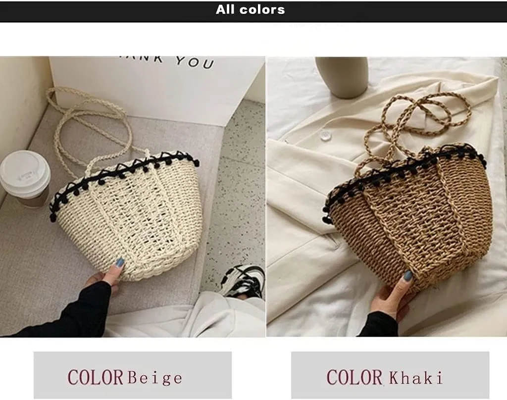 Beach Bag Straw Bags Hand-Woven Straw Bag, Women Woven Straw Shoulder Bag Basket with Pom Pom Lace Trim Beach Tote Handbag Beige (Color : Khaki)
