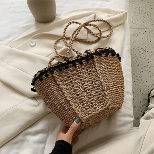 Beach Bag Straw Bags Hand-Woven Straw Bag, Women Woven Straw Shoulder Bag Basket with Pom Pom Lace Trim Beach Tote Handbag Beige (Color : Khaki)