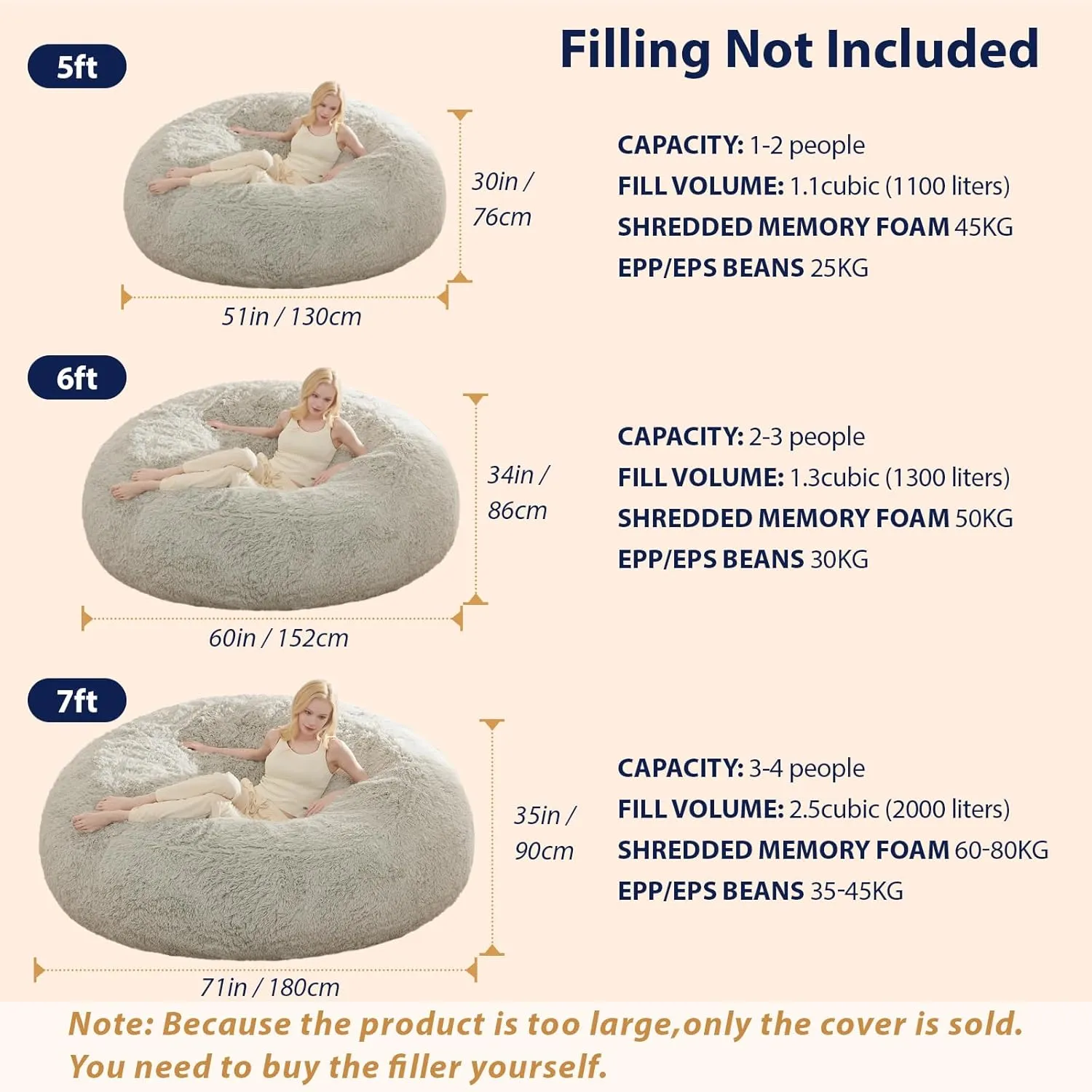 Bean Bag Cover(No Filler), Faux Fur Comfy Bean Bag Chairs for Adults, Washable Bean Bag Chair Cover, Fluffy Plush Giant Bean Bags Chairs for Teens Kids Girls, Anti-Slip, 5FT, Dark Grey