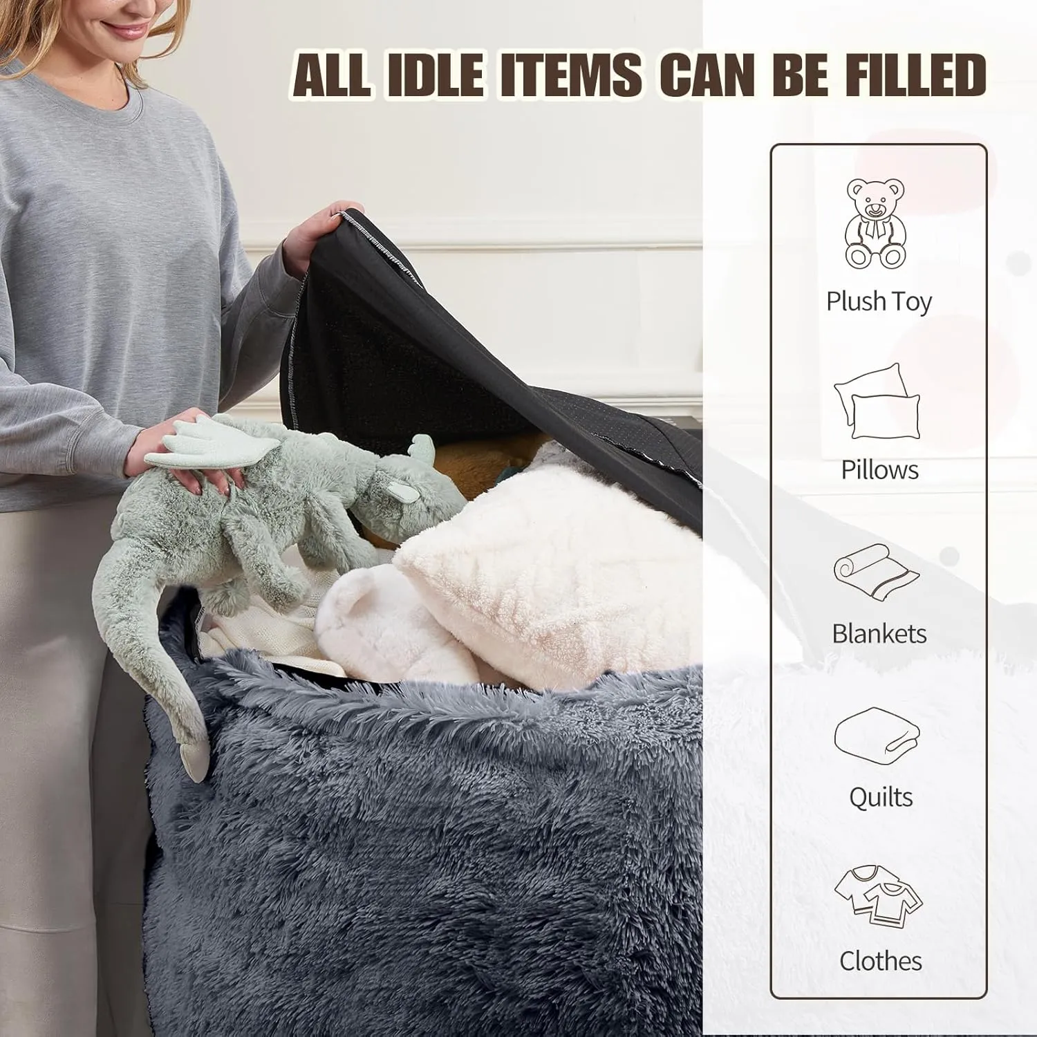 Bean Bag Cover(No Filler), Faux Fur Comfy Bean Bag Chairs for Adults, Washable Bean Bag Chair Cover, Fluffy Plush Giant Bean Bags Chairs for Teens Kids Girls, Anti-Slip, 5FT, Dark Grey