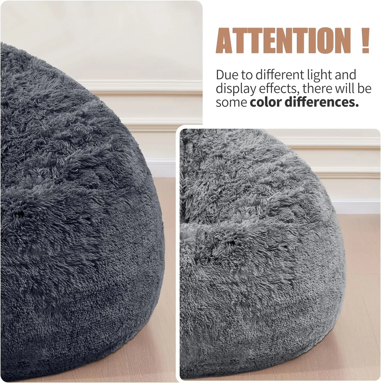 Bean Bag Cover(No Filler), Faux Fur Comfy Bean Bag Chairs for Adults, Washable Bean Bag Chair Cover, Fluffy Plush Giant Bean Bags Chairs for Teens Kids Girls, Anti-Slip, 5FT, Dark Grey