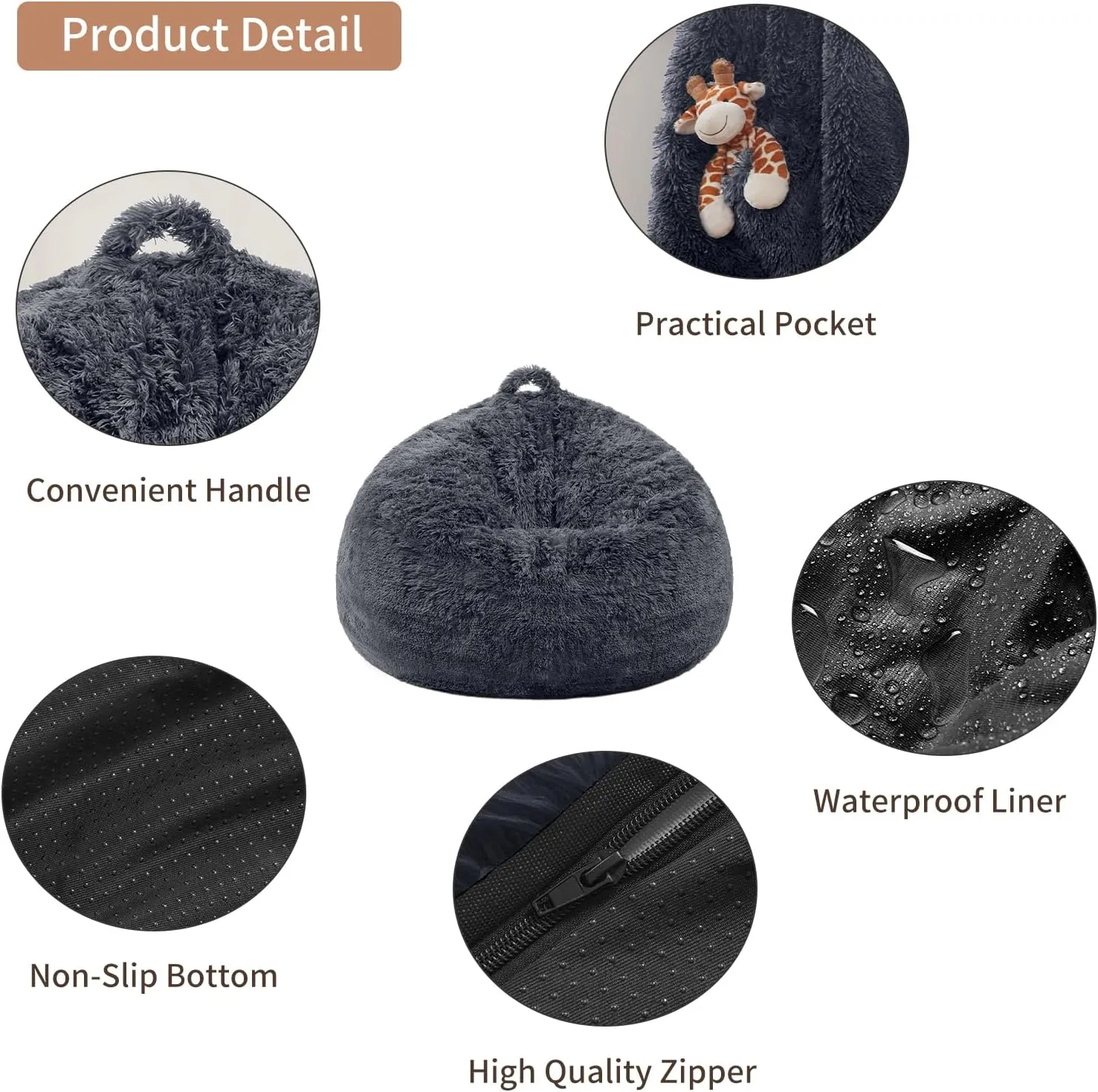 Bean Bag Cover(No Filler), Faux Fur Comfy Bean Bag Chairs for Adults, Washable Bean Bag Chair Cover, Fluffy Plush Giant Bean Bags Chairs for Teens Kids Girls, Anti-Slip, 5FT, Dark Grey