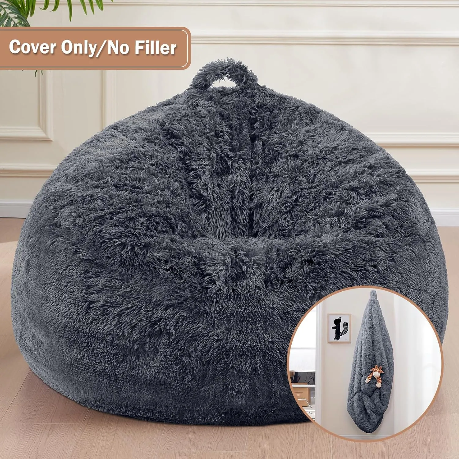 Bean Bag Cover(No Filler), Faux Fur Comfy Bean Bag Chairs for Adults, Washable Bean Bag Chair Cover, Fluffy Plush Giant Bean Bags Chairs for Teens Kids Girls, Anti-Slip, 5FT, Dark Grey