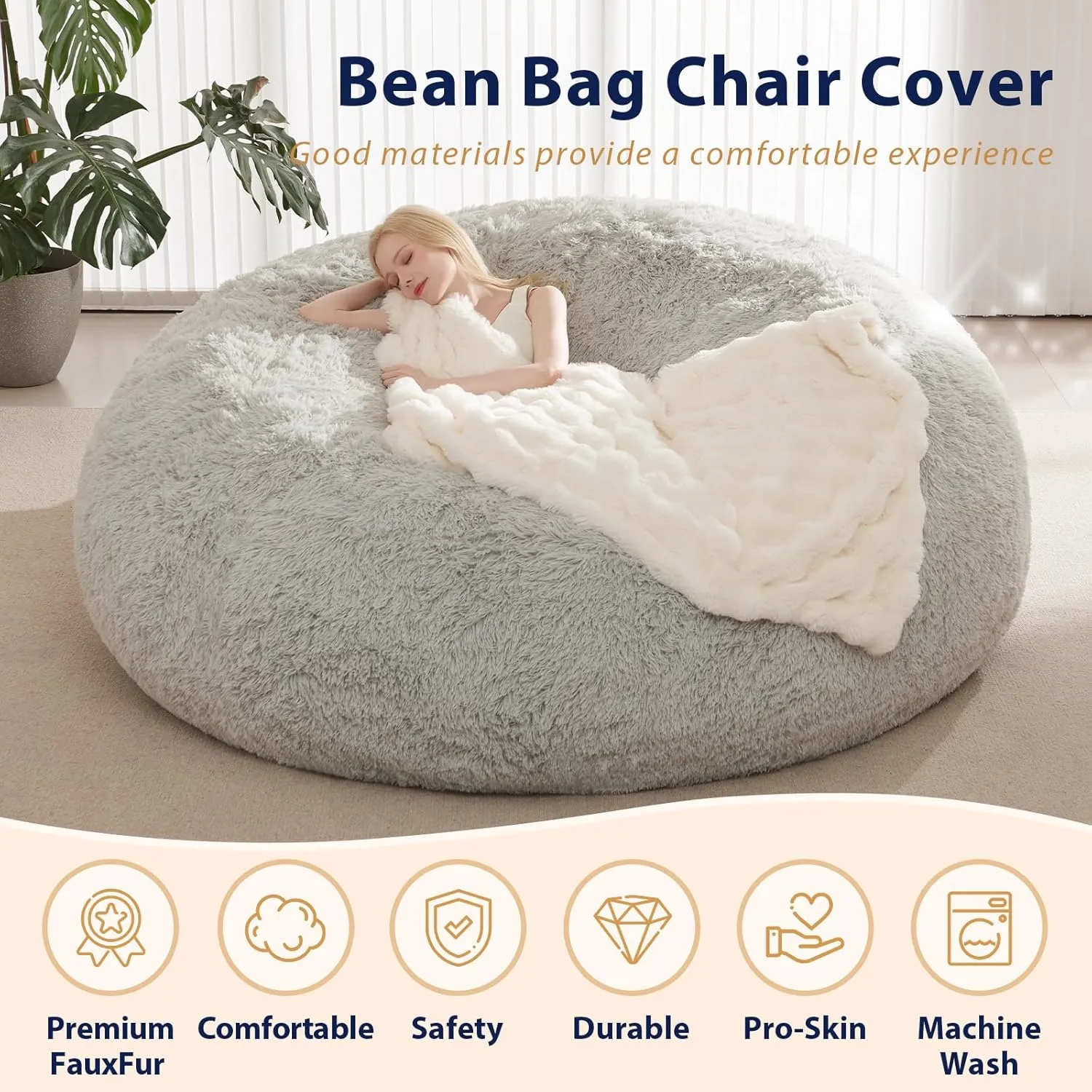 Bean Bag Cover(No Filler), Faux Fur Comfy Bean Bag Chairs for Adults, Washable Bean Bag Chair Cover, Fluffy Plush Giant Bean Bags Chairs for Teens Kids Girls, Anti-Slip, 5FT, Dark Grey