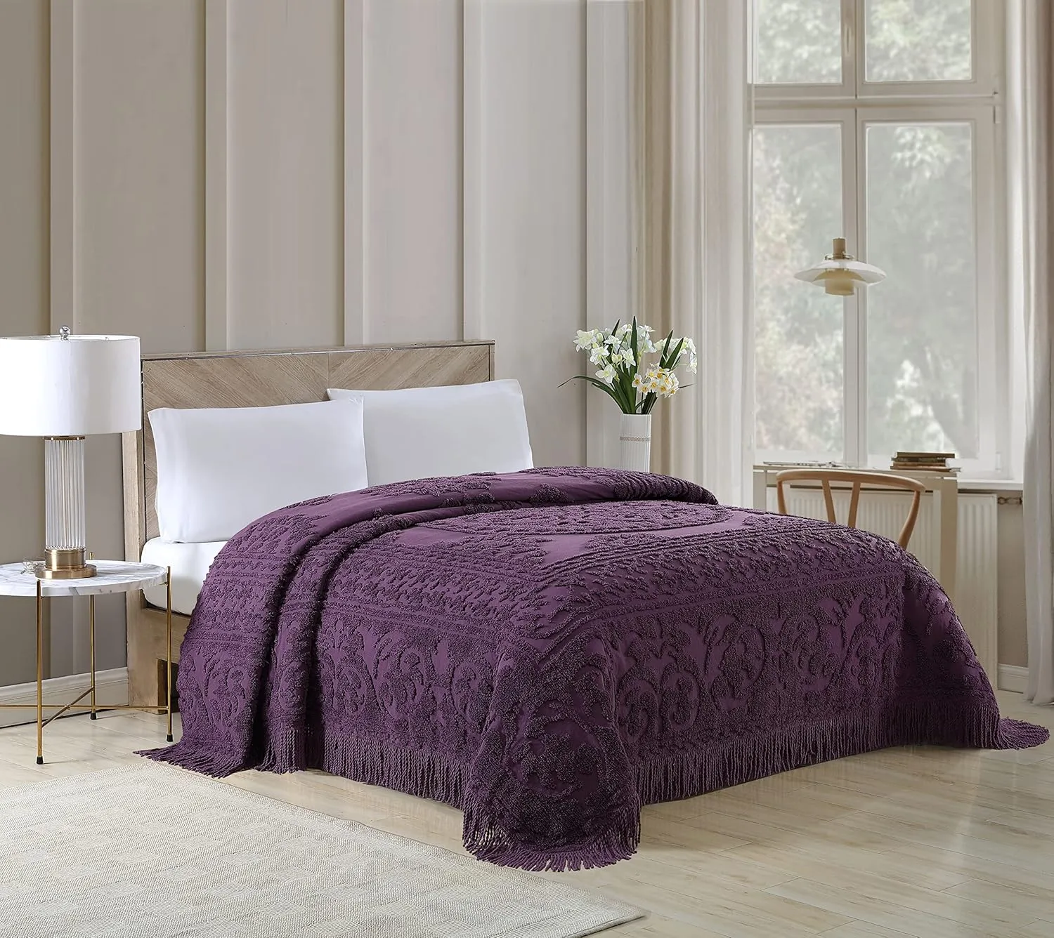 Beatrice Home Fashions Medallion Chenille Bedspread, Full, Eggplant