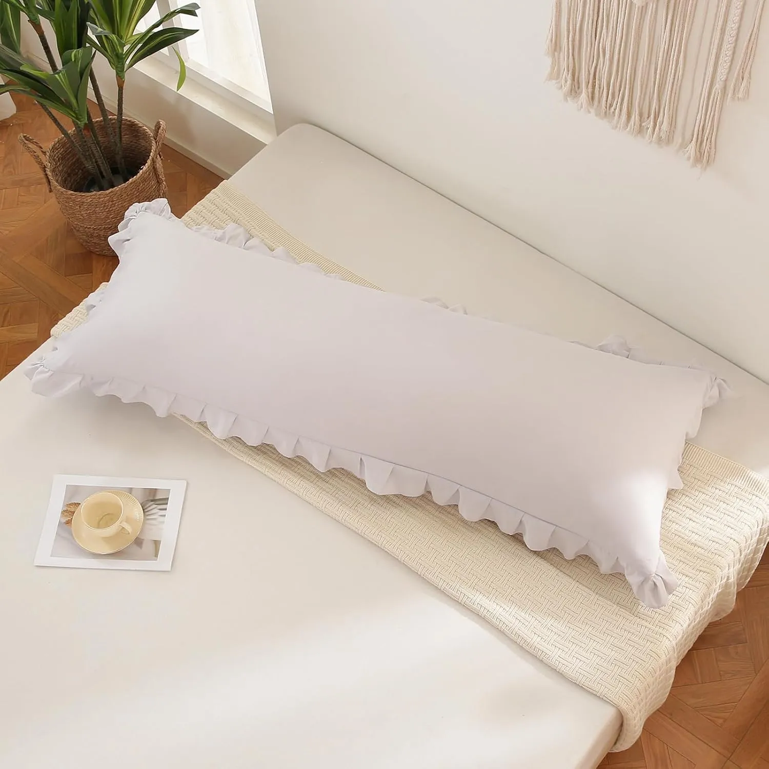 Beige Gray Body Pillow Cover 20x54inches Long Pillowcase Ruffled Pillowcases Shabby Chic Ruffled Fringe Decor Body Ruffled Pillow Sham Cute Pillowcase (1 Body, Beige Gray)