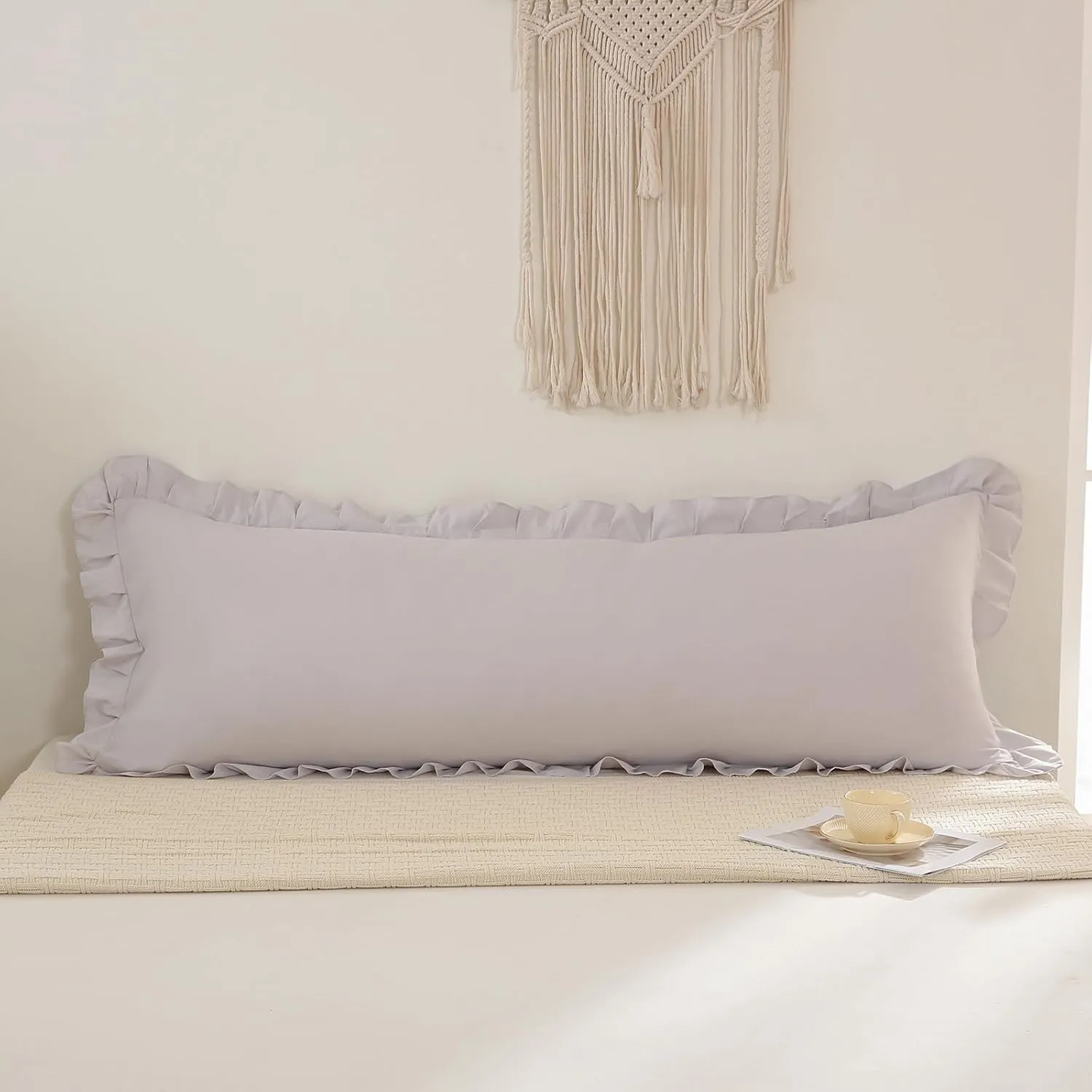 Beige Gray Body Pillow Cover 20x54inches Long Pillowcase Ruffled Pillowcases Shabby Chic Ruffled Fringe Decor Body Ruffled Pillow Sham Cute Pillowcase (1 Body, Beige Gray)