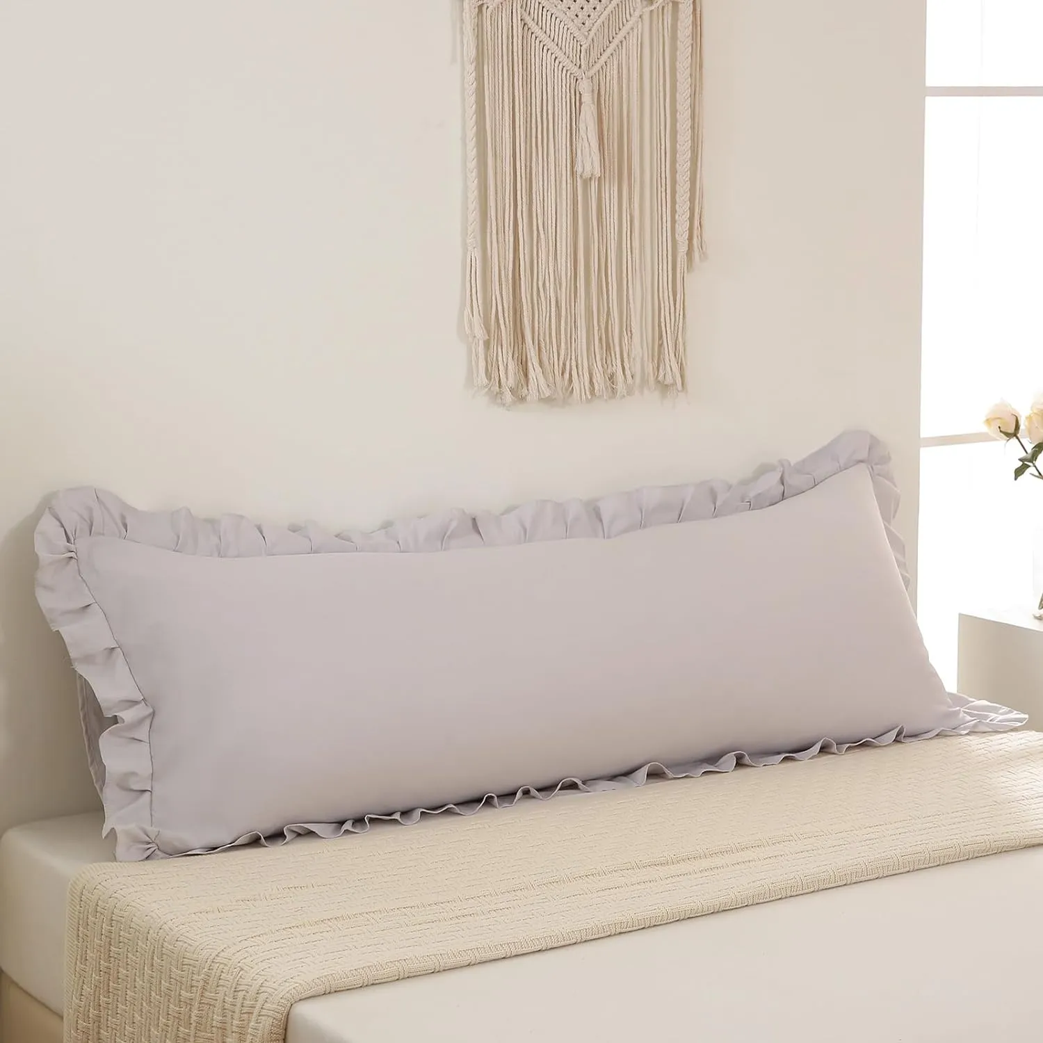 Beige Gray Body Pillow Cover 20x54inches Long Pillowcase Ruffled Pillowcases Shabby Chic Ruffled Fringe Decor Body Ruffled Pillow Sham Cute Pillowcase (1 Body, Beige Gray)