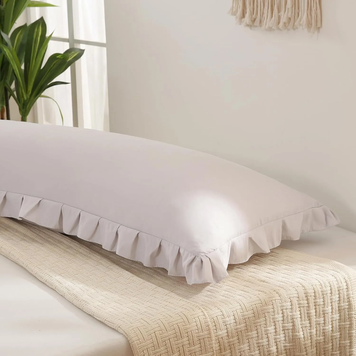 Beige Gray Body Pillow Cover 20x54inches Long Pillowcase Ruffled Pillowcases Shabby Chic Ruffled Fringe Decor Body Ruffled Pillow Sham Cute Pillowcase (1 Body, Beige Gray)