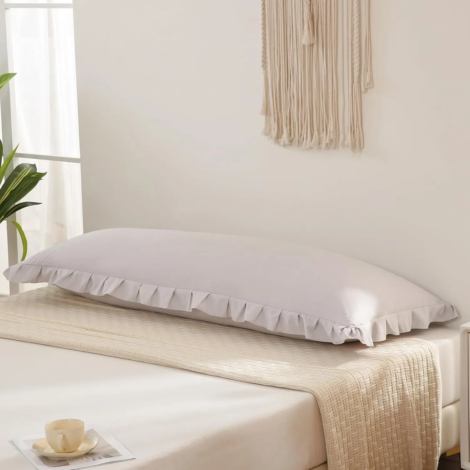 Beige Gray Body Pillow Cover 20x54inches Long Pillowcase Ruffled Pillowcases Shabby Chic Ruffled Fringe Decor Body Ruffled Pillow Sham Cute Pillowcase (1 Body, Beige Gray)