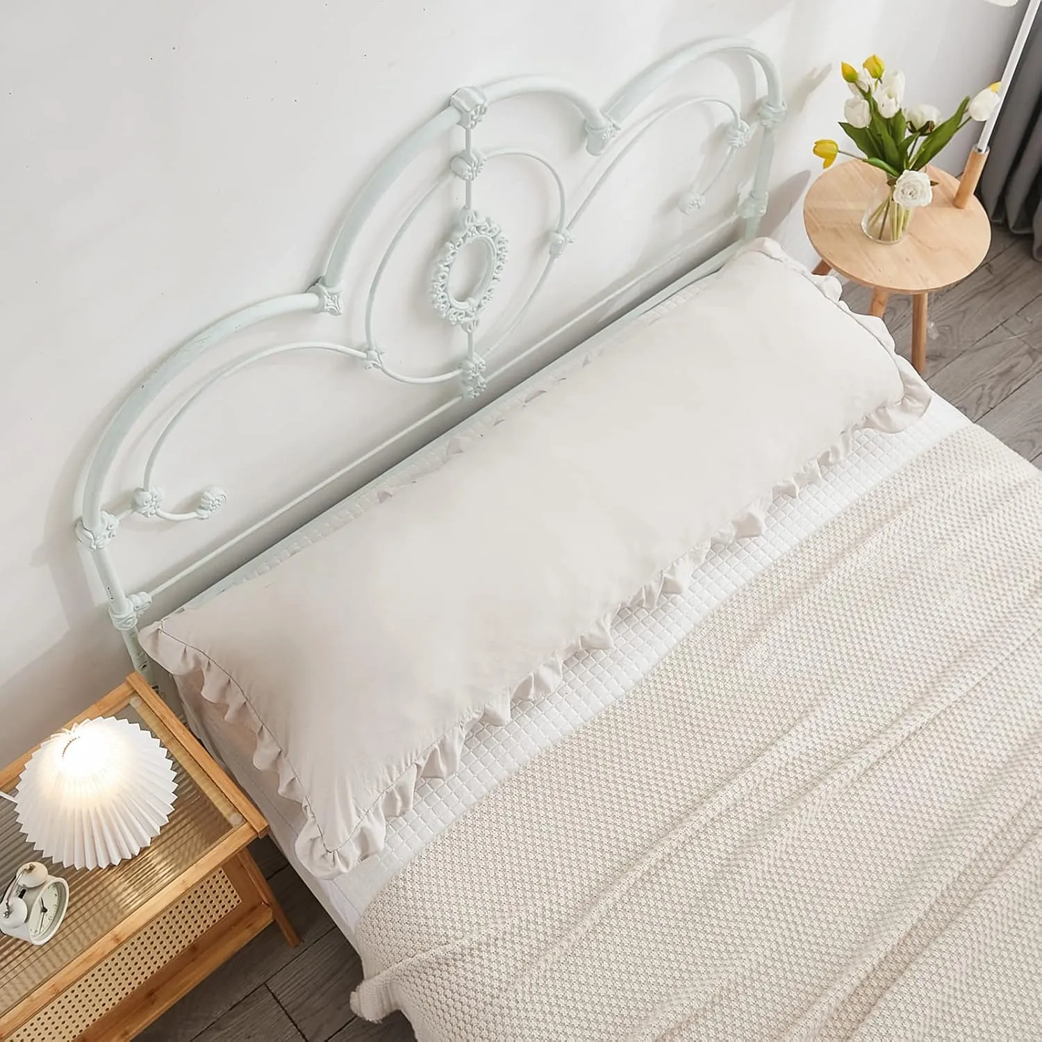 Beige Grey Body Pillow Cover 20x54inches Long Pillowcase Ruffled Pillowcases Shabby Chic Ruffled Fringe Decor Cute Body Ruffled Pillow Sham