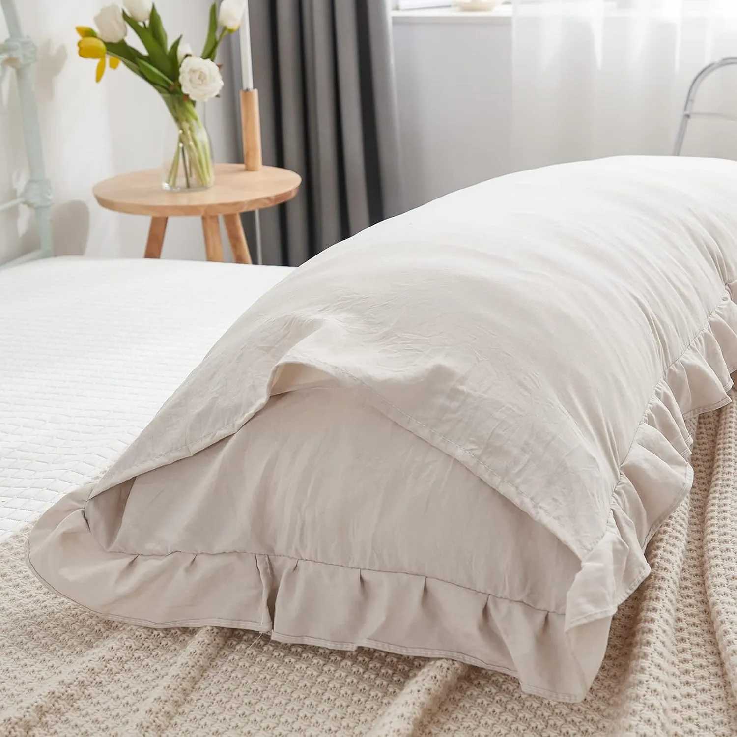 Beige Grey Body Pillow Cover 20x54inches Long Pillowcase Ruffled Pillowcases Shabby Chic Ruffled Fringe Decor Cute Body Ruffled Pillow Sham