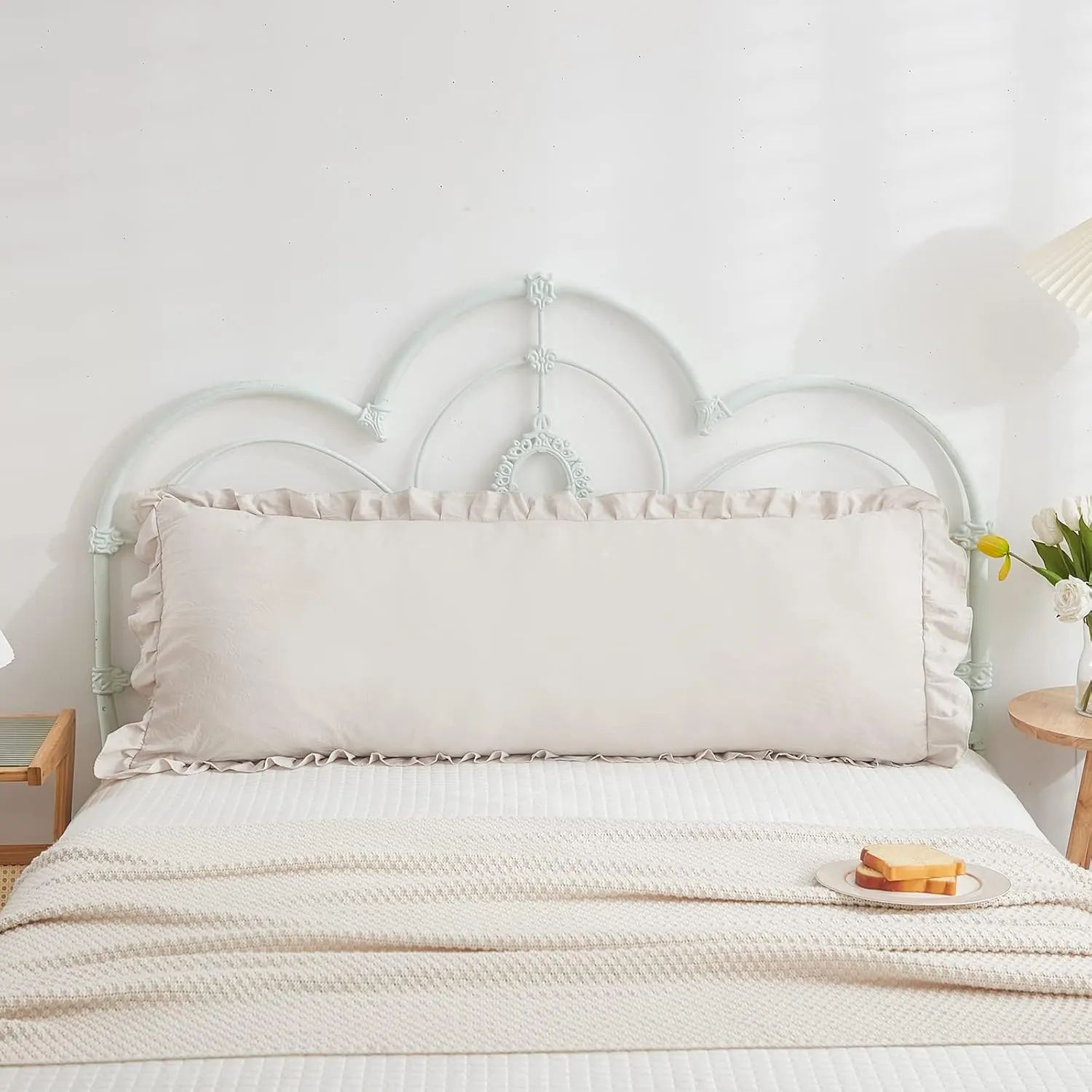 Beige Grey Body Pillow Cover 20x54inches Long Pillowcase Ruffled Pillowcases Shabby Chic Ruffled Fringe Decor Cute Body Ruffled Pillow Sham