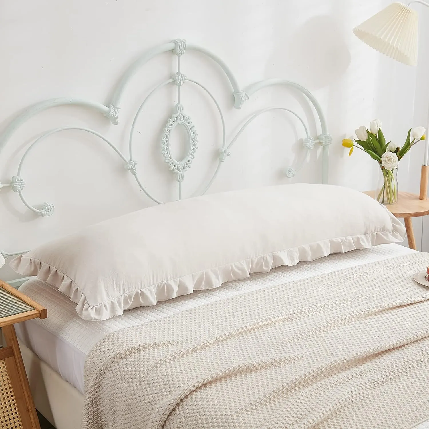 Beige Grey Body Pillow Cover 20x54inches Long Pillowcase Ruffled Pillowcases Shabby Chic Ruffled Fringe Decor Cute Body Ruffled Pillow Sham