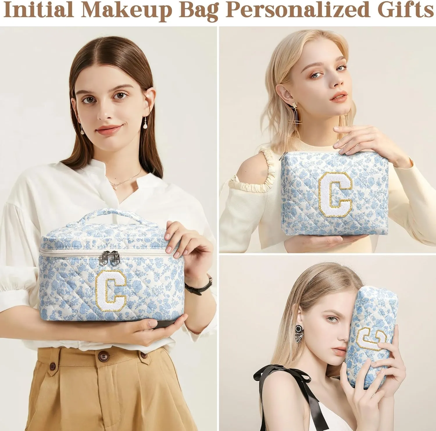 Birthday Gifts for Teen Girls Women, Personalized Initial Makeup Bag Quilted Cosmetic Bag Floral Make Up Bag Travel Toiletry Bag Teen Girl Gifts Trendy Stuff Mothers Day Gifts for Mom Daughter Friends