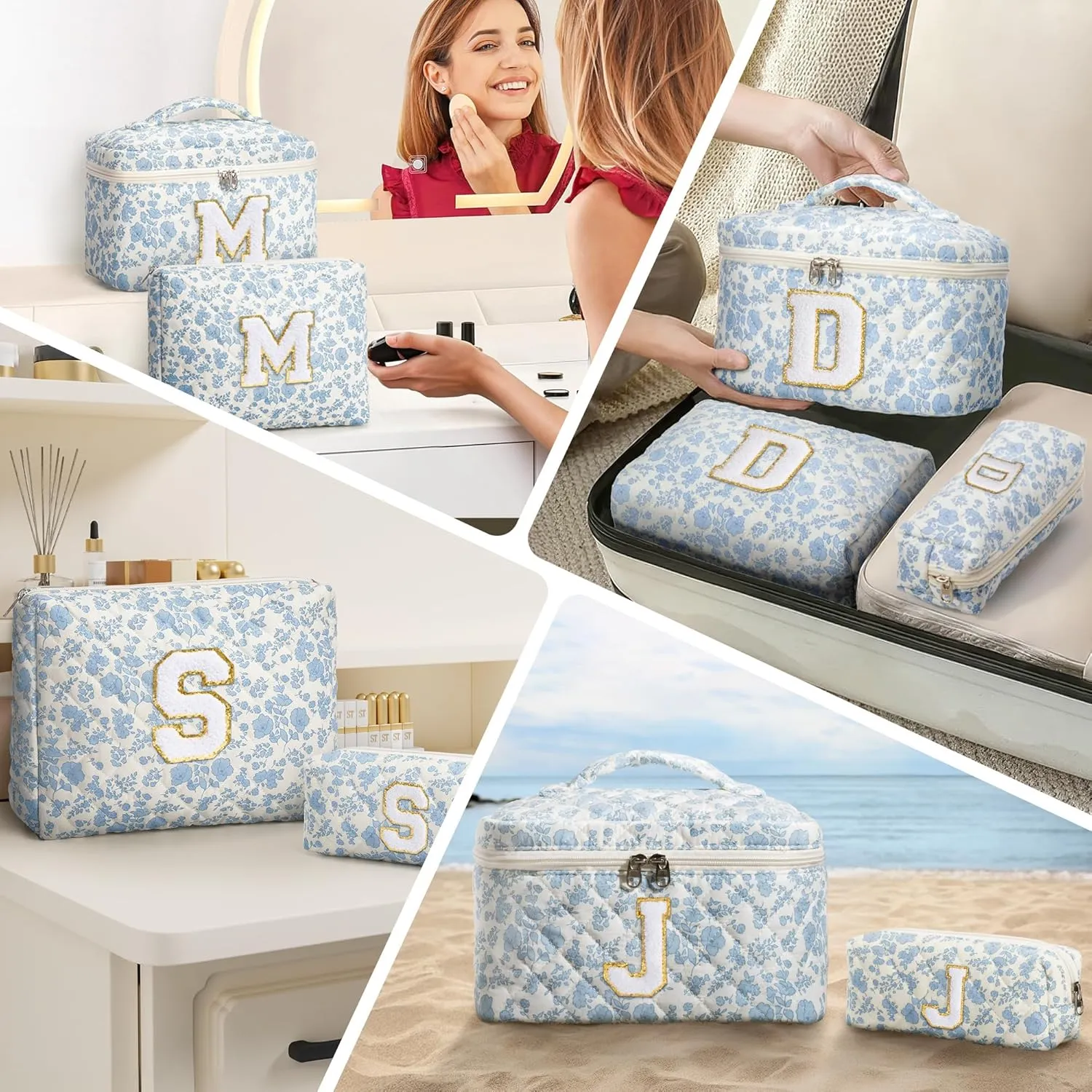 Birthday Gifts for Teen Girls Women, Personalized Initial Makeup Bag Quilted Cosmetic Bag Floral Make Up Bag Travel Toiletry Bag Teen Girl Gifts Trendy Stuff Mothers Day Gifts for Mom Daughter Friends