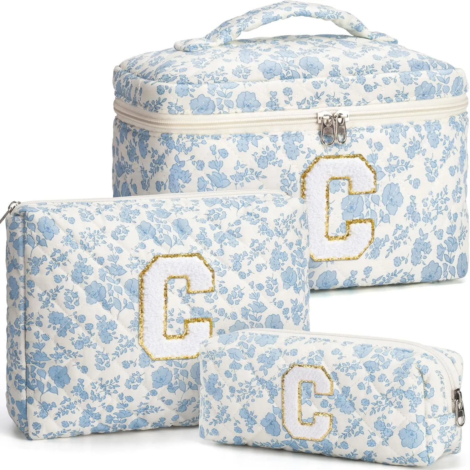 Birthday Gifts for Teen Girls Women, Personalized Initial Makeup Bag Quilted Cosmetic Bag Floral Make Up Bag Travel Toiletry Bag Teen Girl Gifts Trendy Stuff Mothers Day Gifts for Mom Daughter Friends
